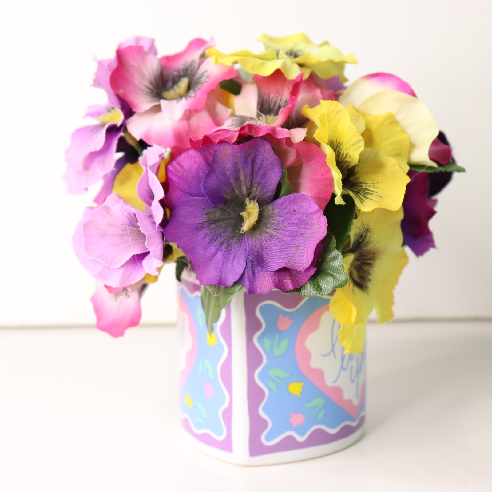 Cute I Love You Heart Shaped Coffee Mug with Multicolor Pansy Floral Arrangement