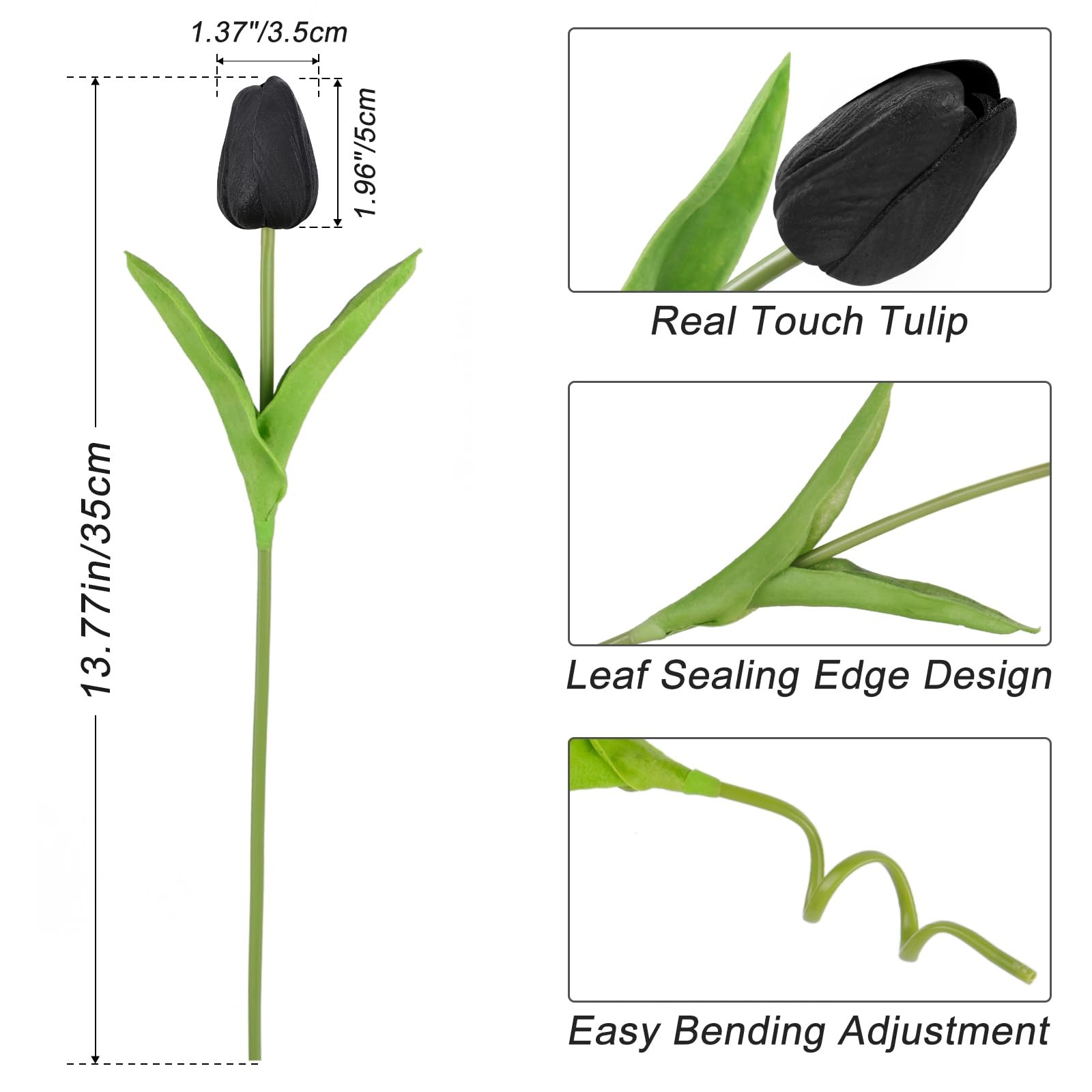Black Tulips Artificial Flowers 18 PCS Faux Tulip Real Touch Fake Bouquet