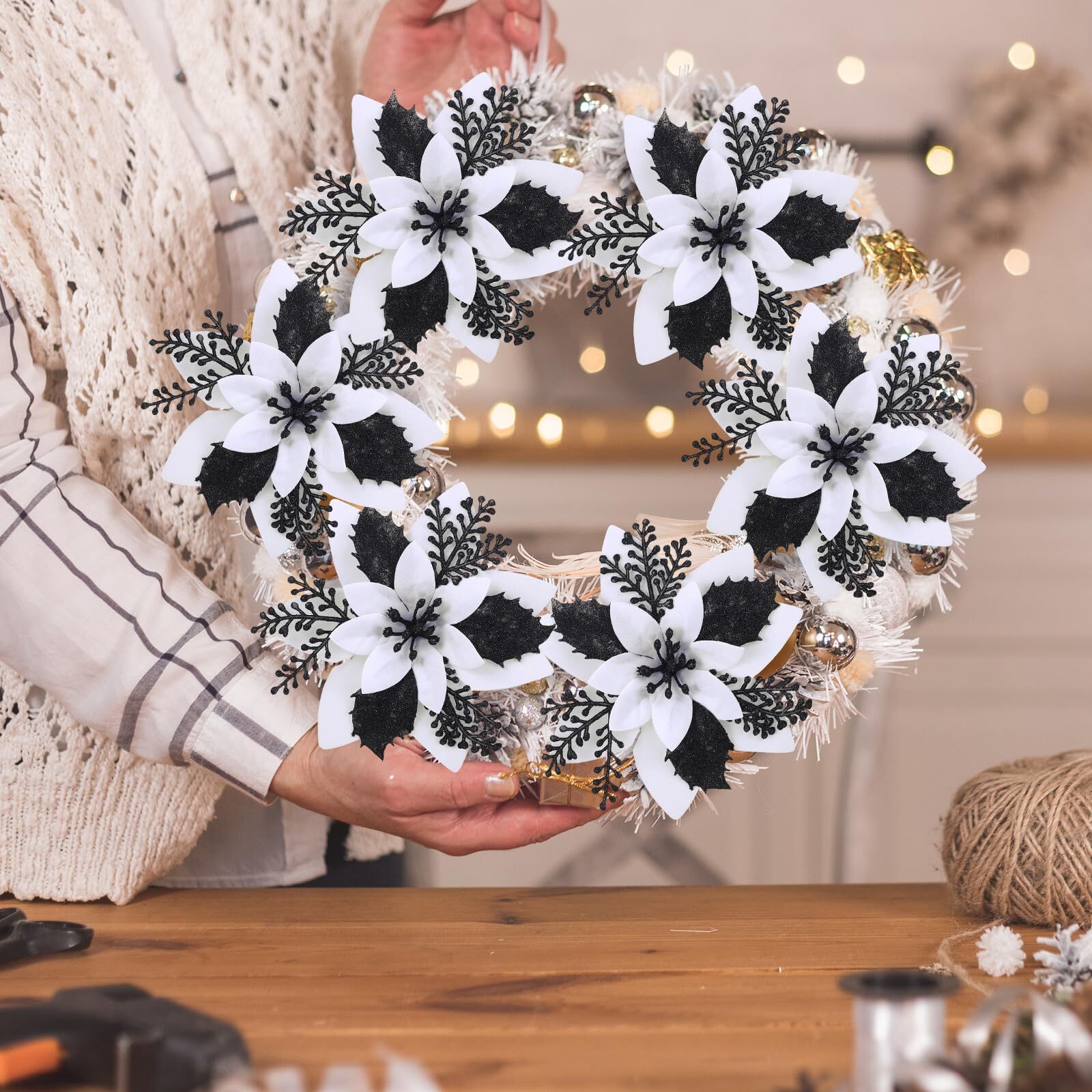 6.3 Inch Artificial Poinsettias Christmas Glitter Flowers with Clips Xmas Tre…