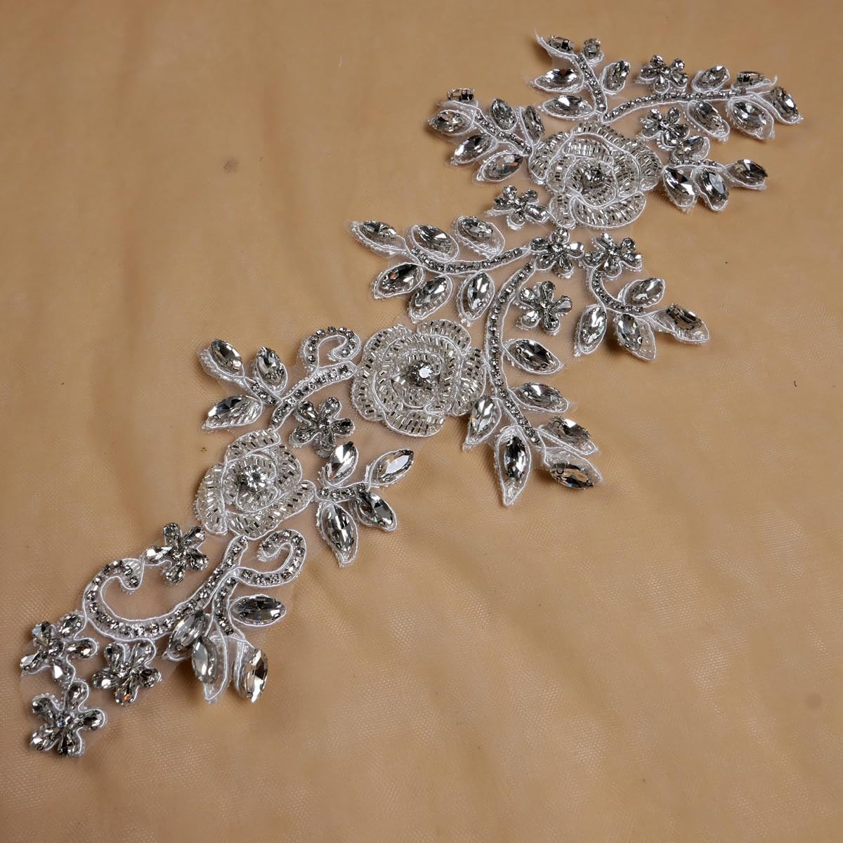 Beaded Rose Flowers &Leaves Rhinestone Pair Applique in Silver for Prom Dress Be