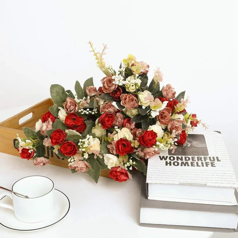 7 Forks 21 Heads Artificial Flowers Silk Rose High Quality Valentine Wreath Wedd