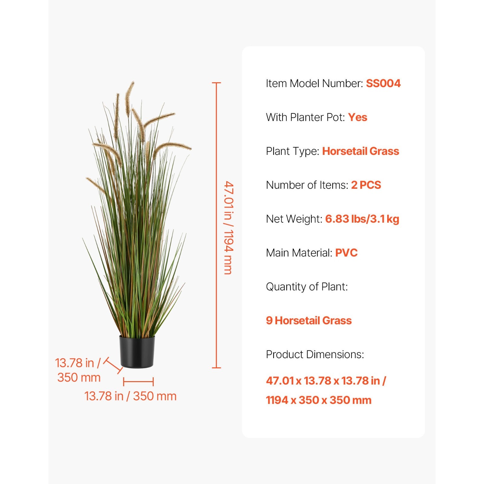 Artificial Grass Plant, Set of 2, 47-Inch Horsetail Reed Grass in Pots, …