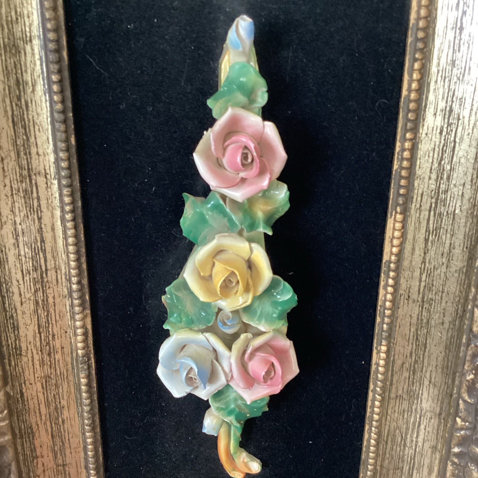 Vintage Capodimonte Italian Porcelain Rose Ornate 3D Framed MCM Art