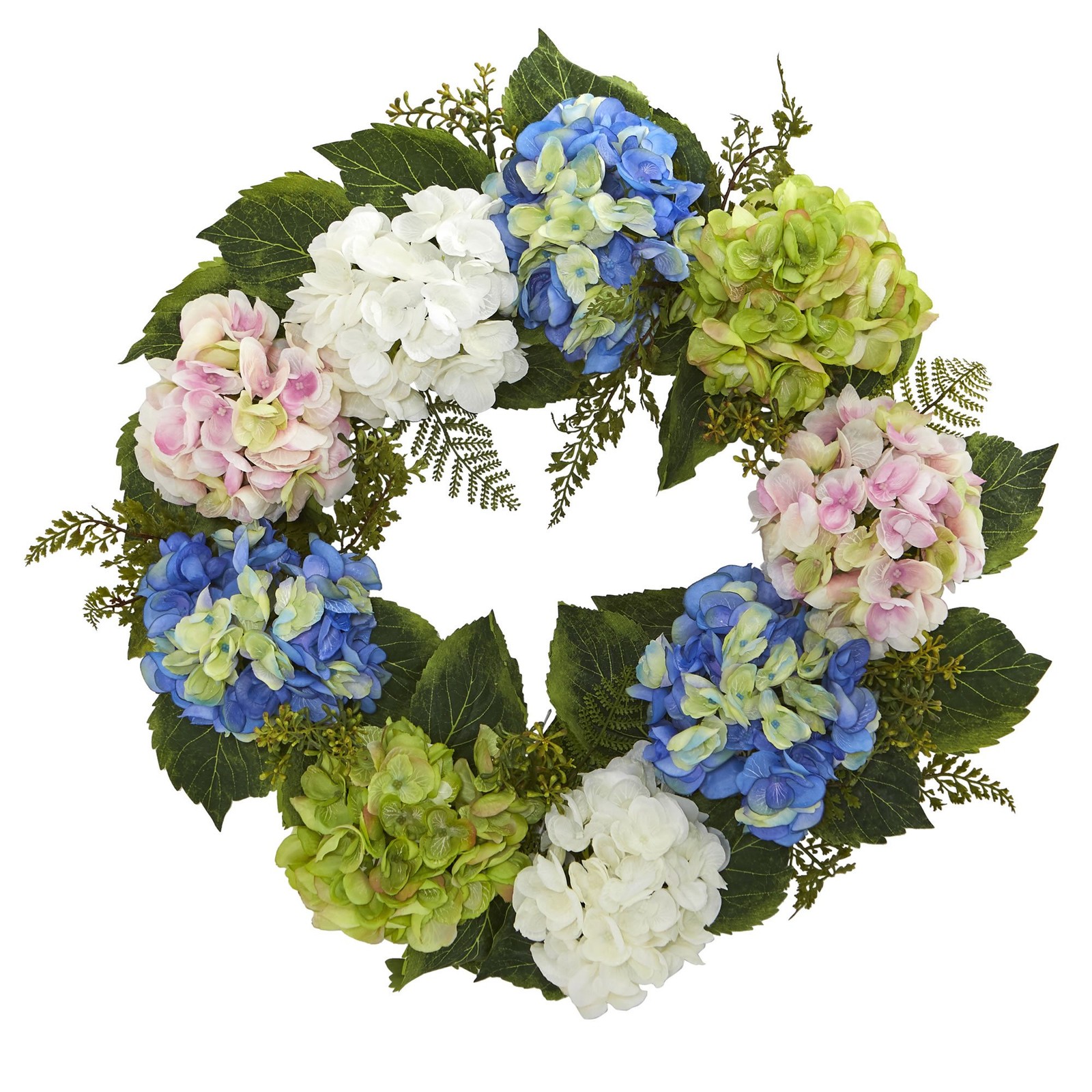 Nearly Natural 4207 Hydrangea Wreath, 24″,Blue,green,white,pink