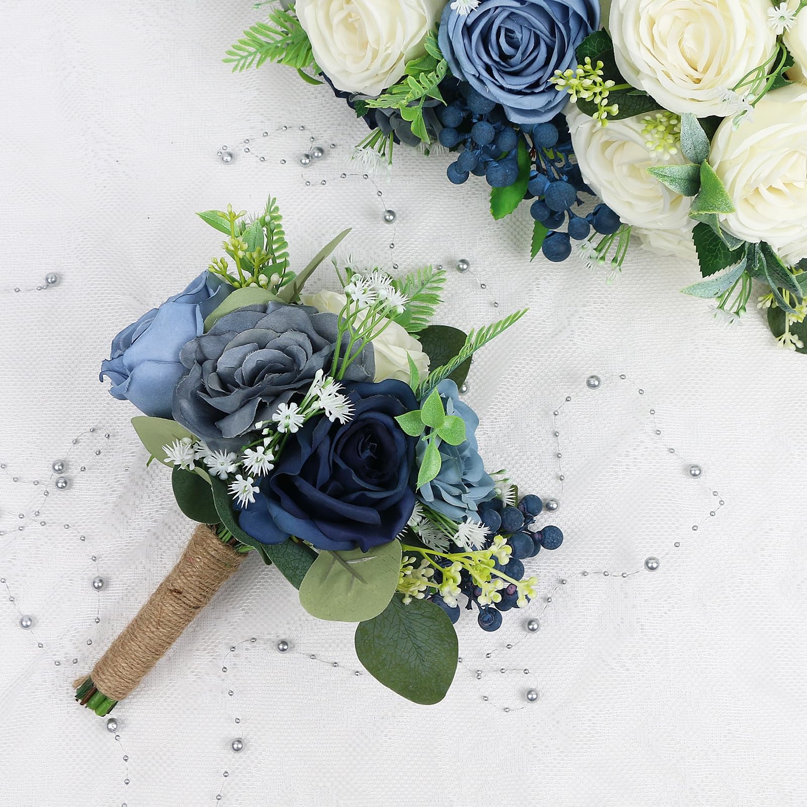 2 PCS 7 Inch Navy Blue White Artificial Bridesmaid Flowers Wedding Bouquets