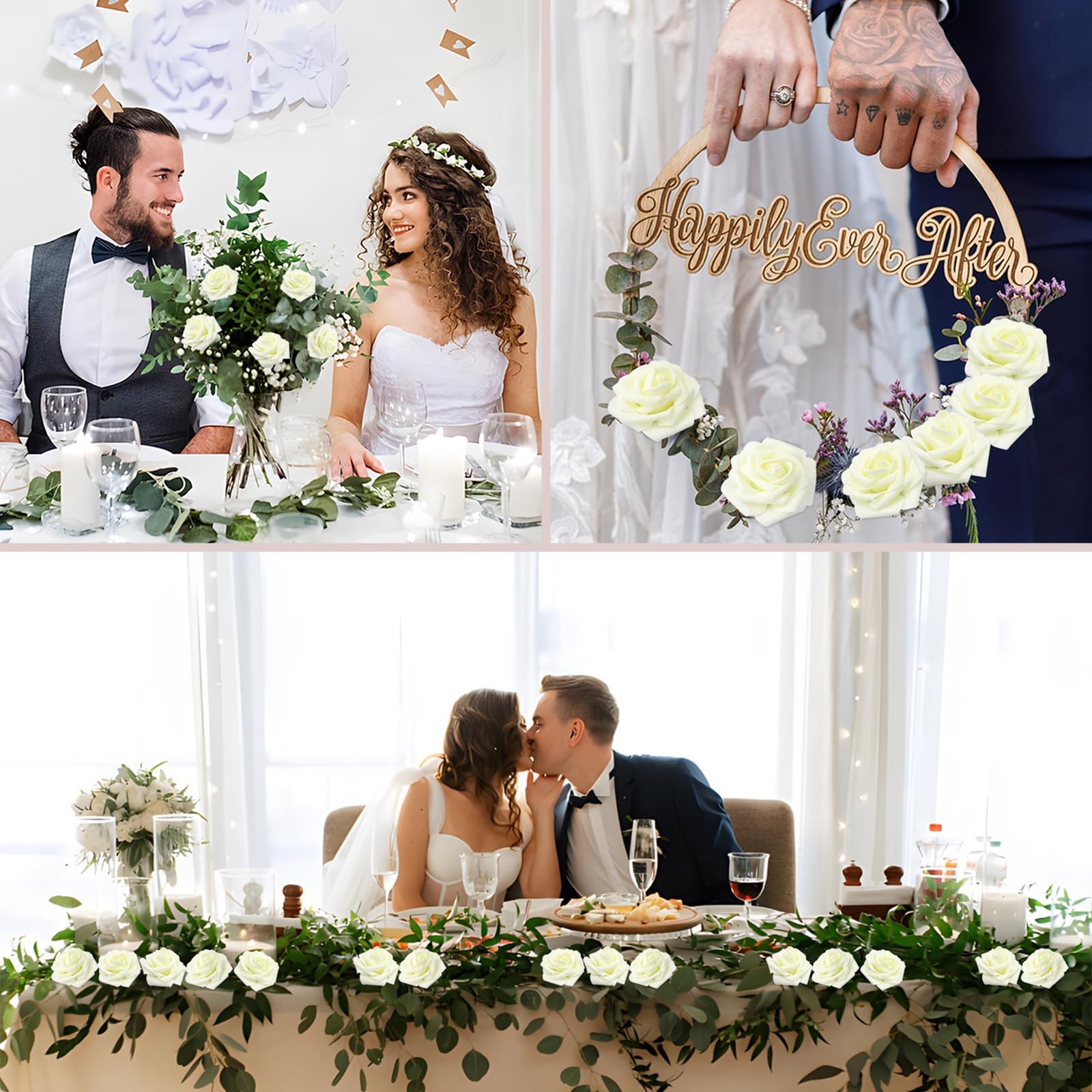 100 PCS Ivory Artificial Flowers Real Looking Foam Fake Roses Wedding Bouquet