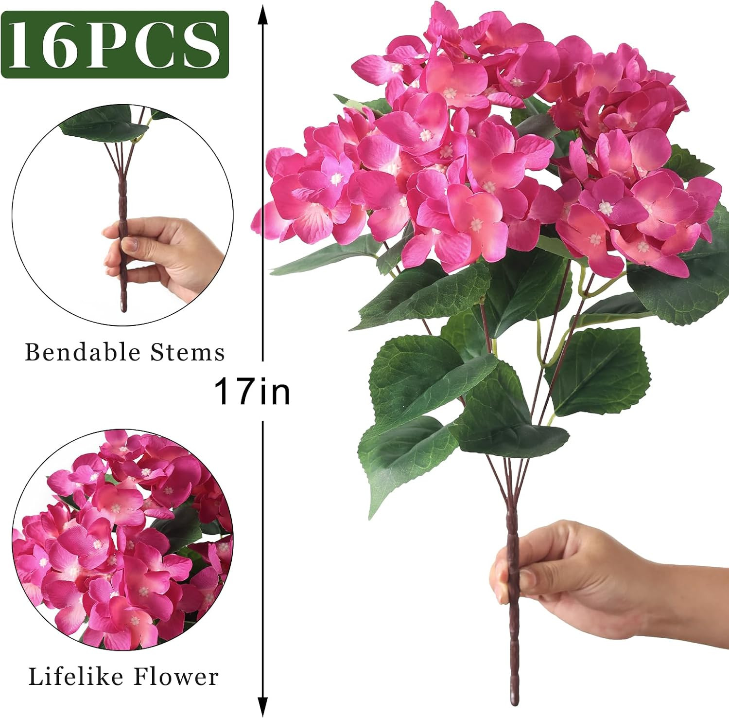 16 Bundles 17″ Rose Red Artificial Hydrangea Flowers for Home & Garden Decor