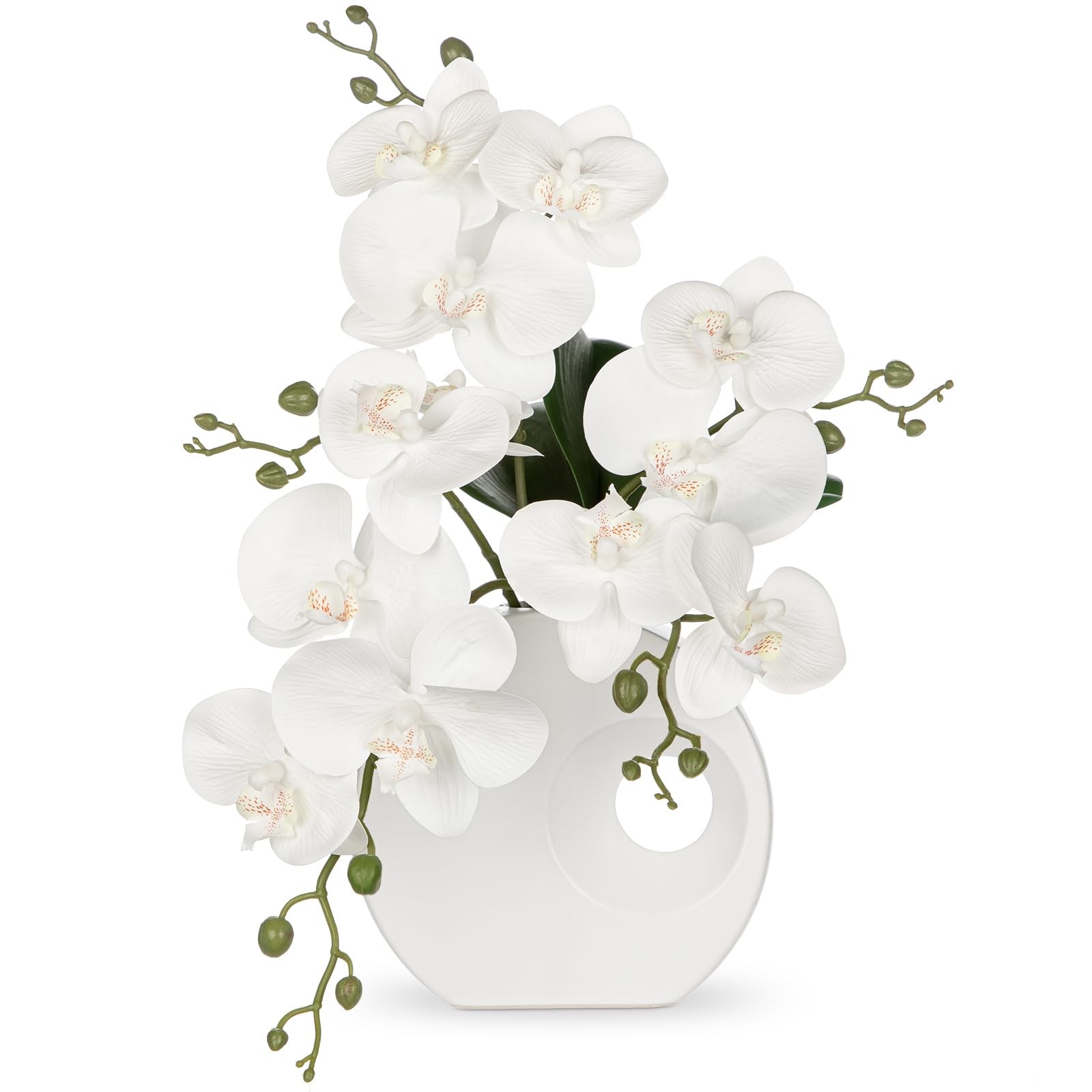 Artificial Orchid White Flowers in Modern Ceramic Vase 15.7 Tall Faux Orchid