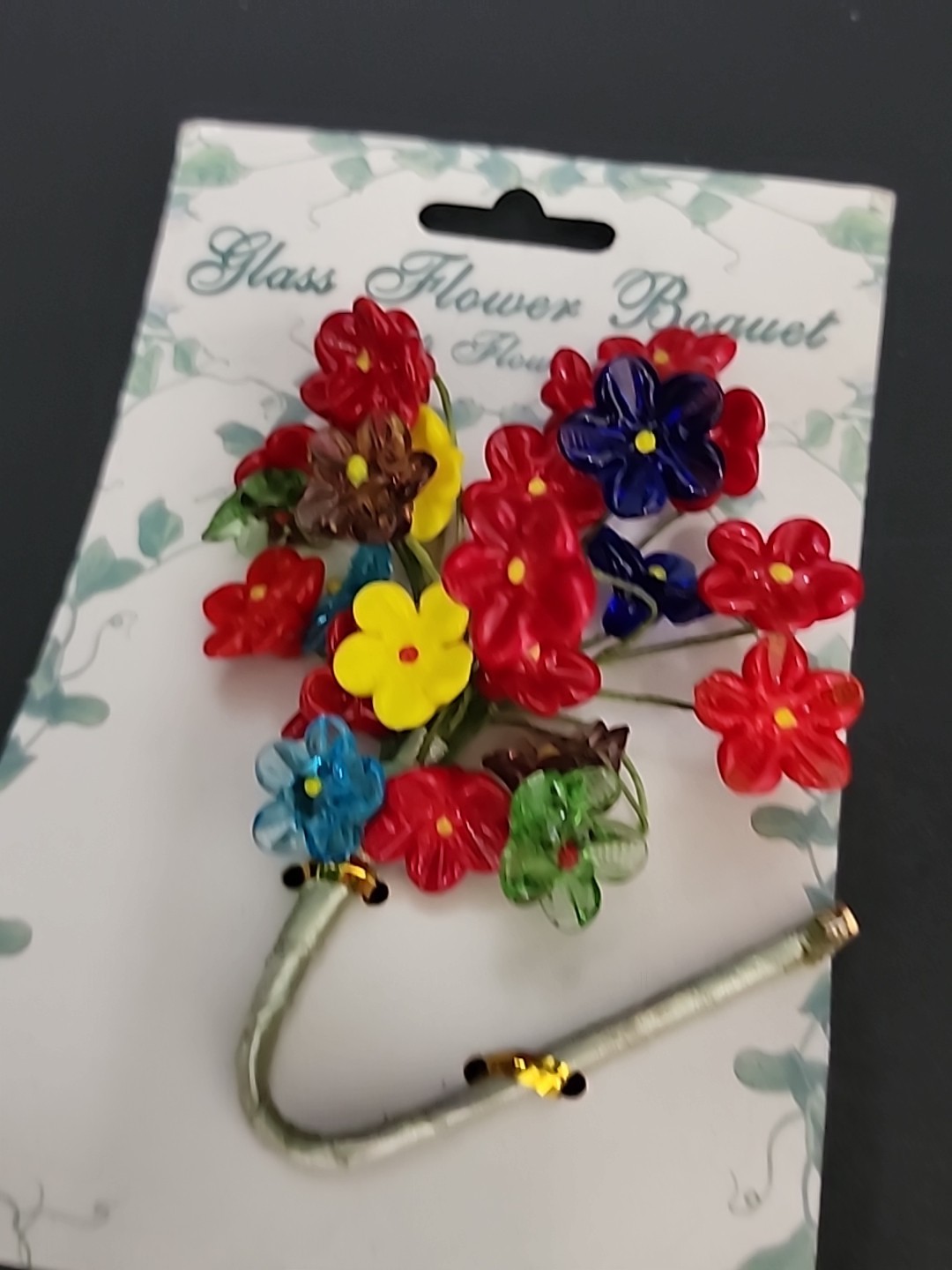 24 Mini Glass Flowers Wire Stem Bouquet Red Blue Yellow Green Purple NOS Lot 3