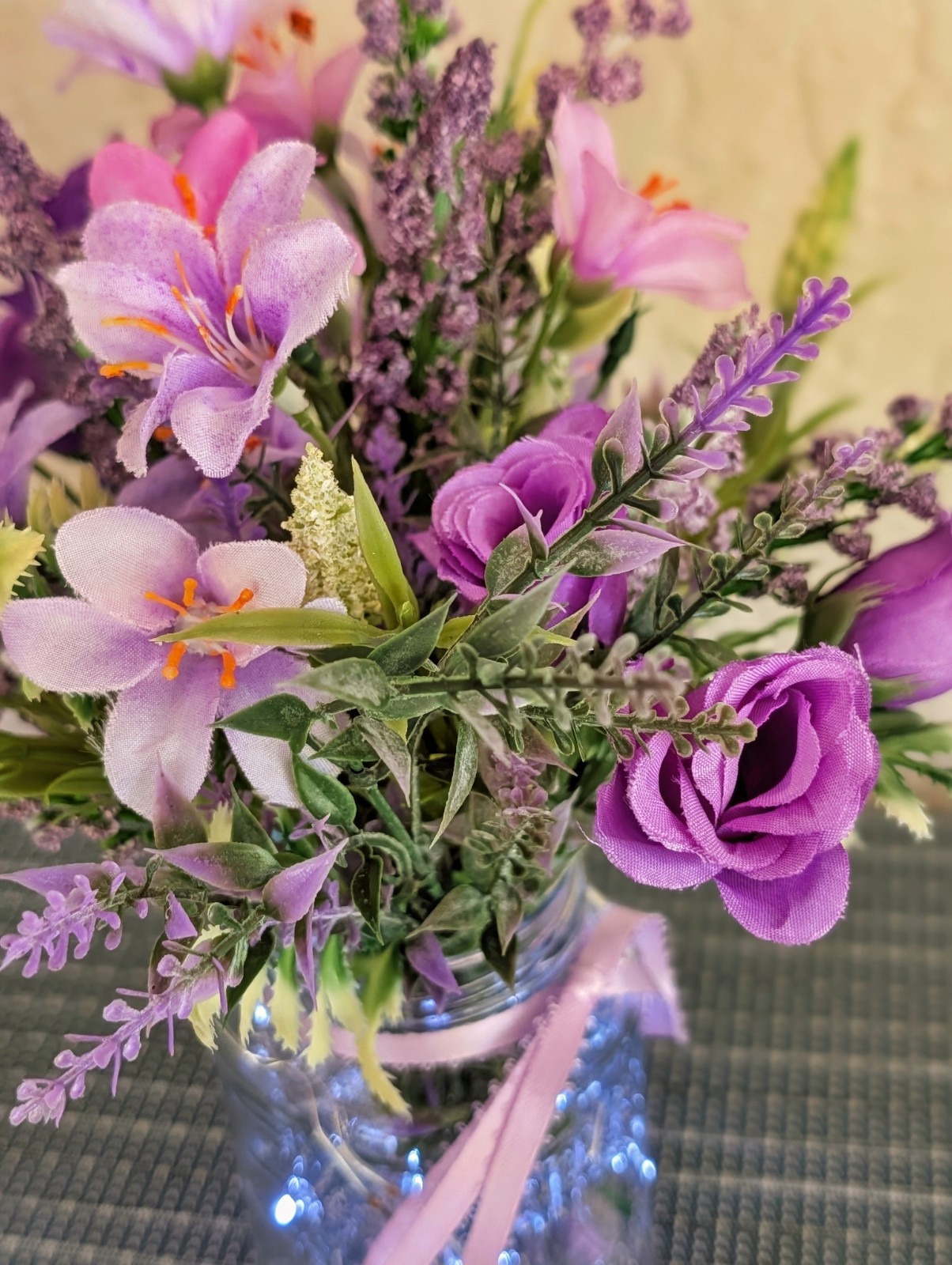 Purple Floral Arrangement, Mini Roses, Fressia, Lighted Mason Jar (Timer)