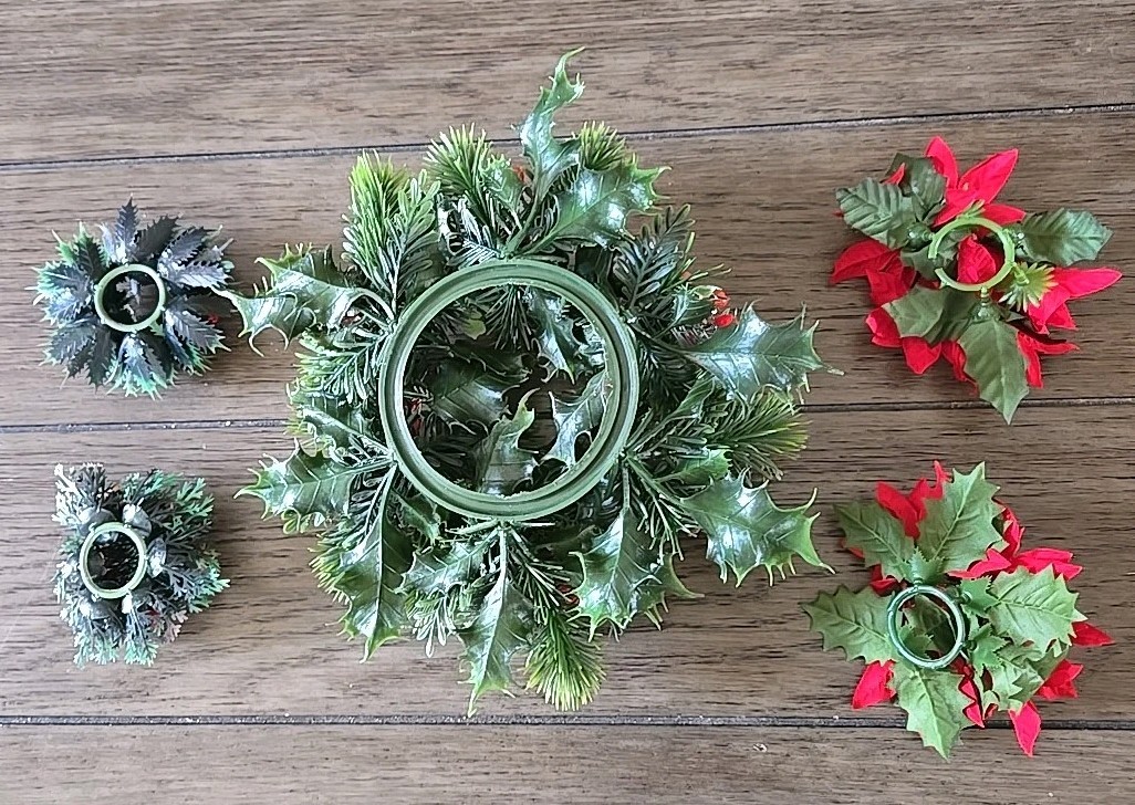 Vintage Plastic Candle Rings Christmas Wreath Set Of 5 Holly Berries Poinsettias