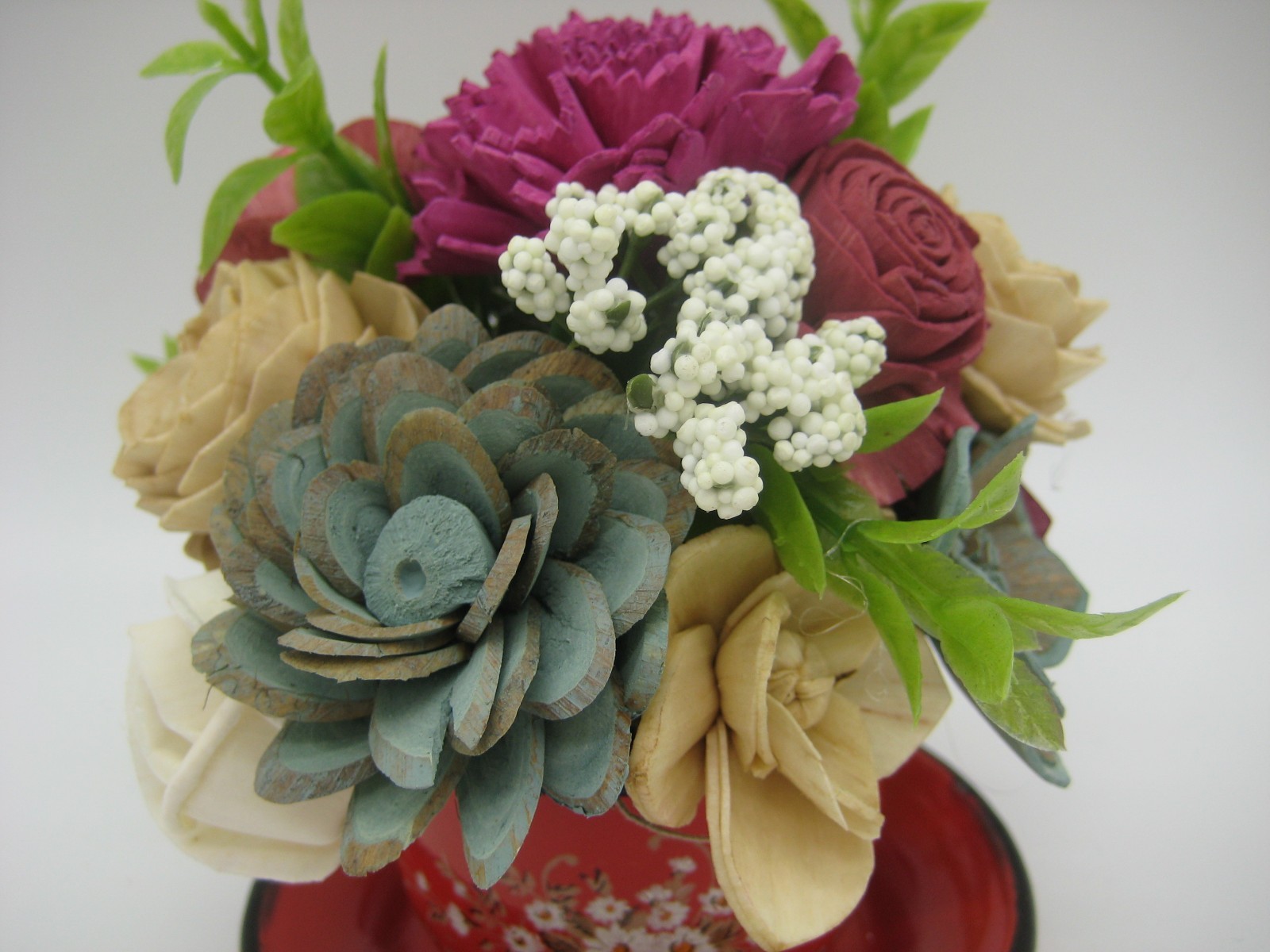Wood Flower Arrangement – Vintage Enamelware Cup Saucer – Floral Table Decor