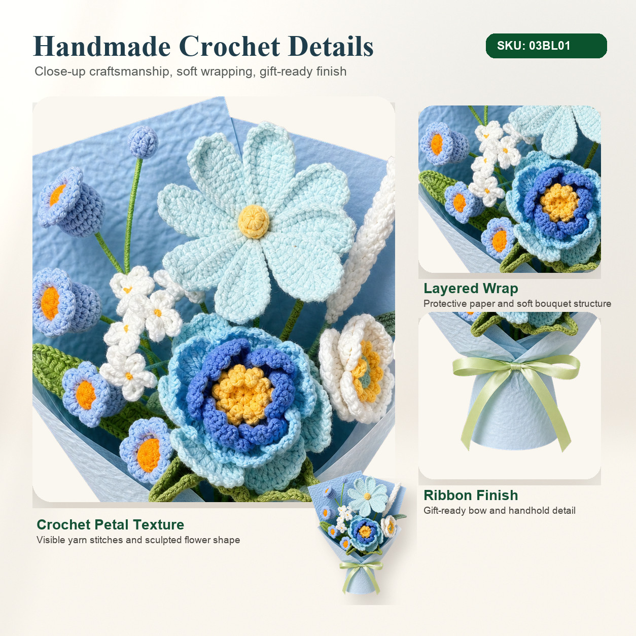 Blue White Daisy Rose Crochet Bouquet Teacher Thank You Gift