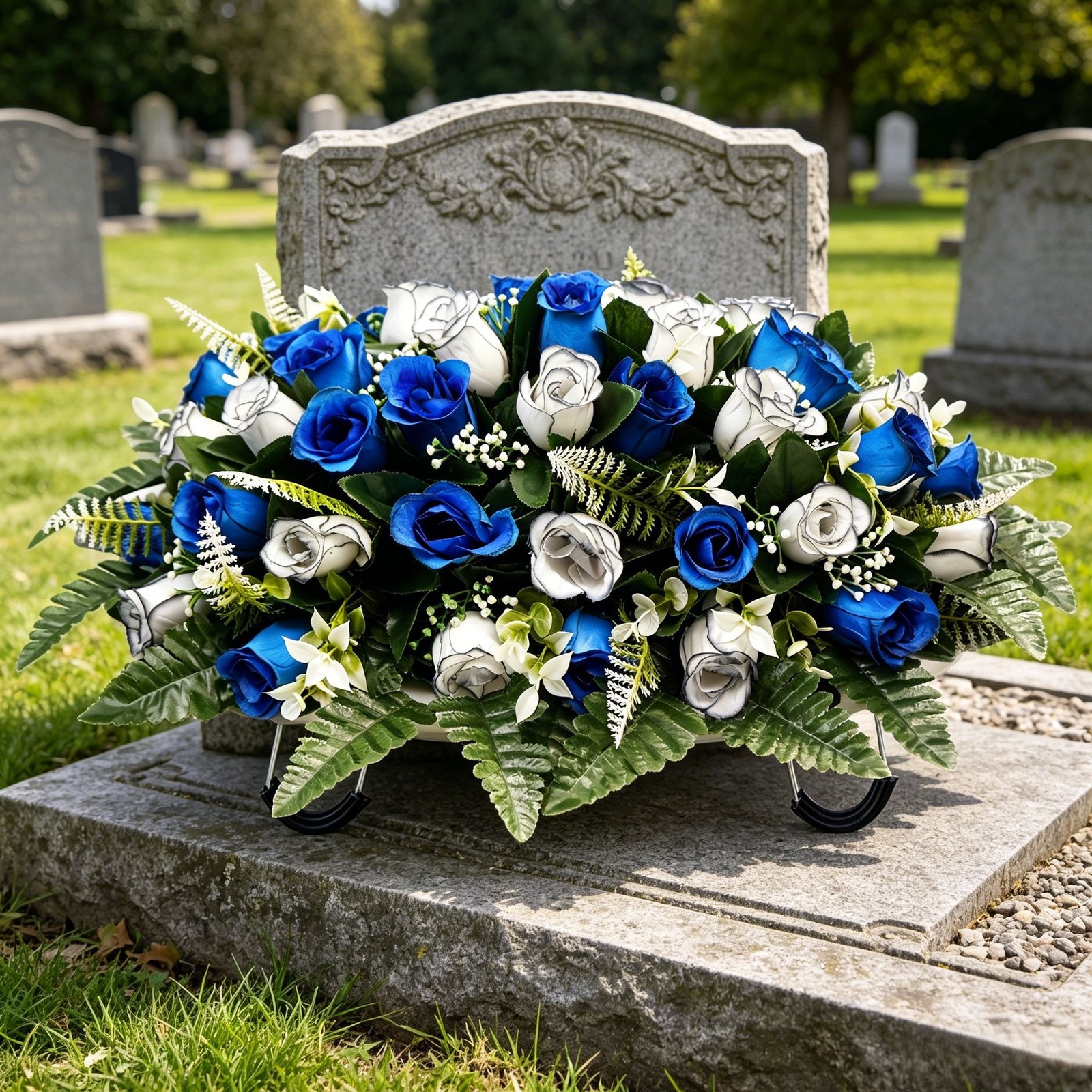 Flat Grave Marker Saddle Flower with Sturdy Metal Hooks and Silk Roses