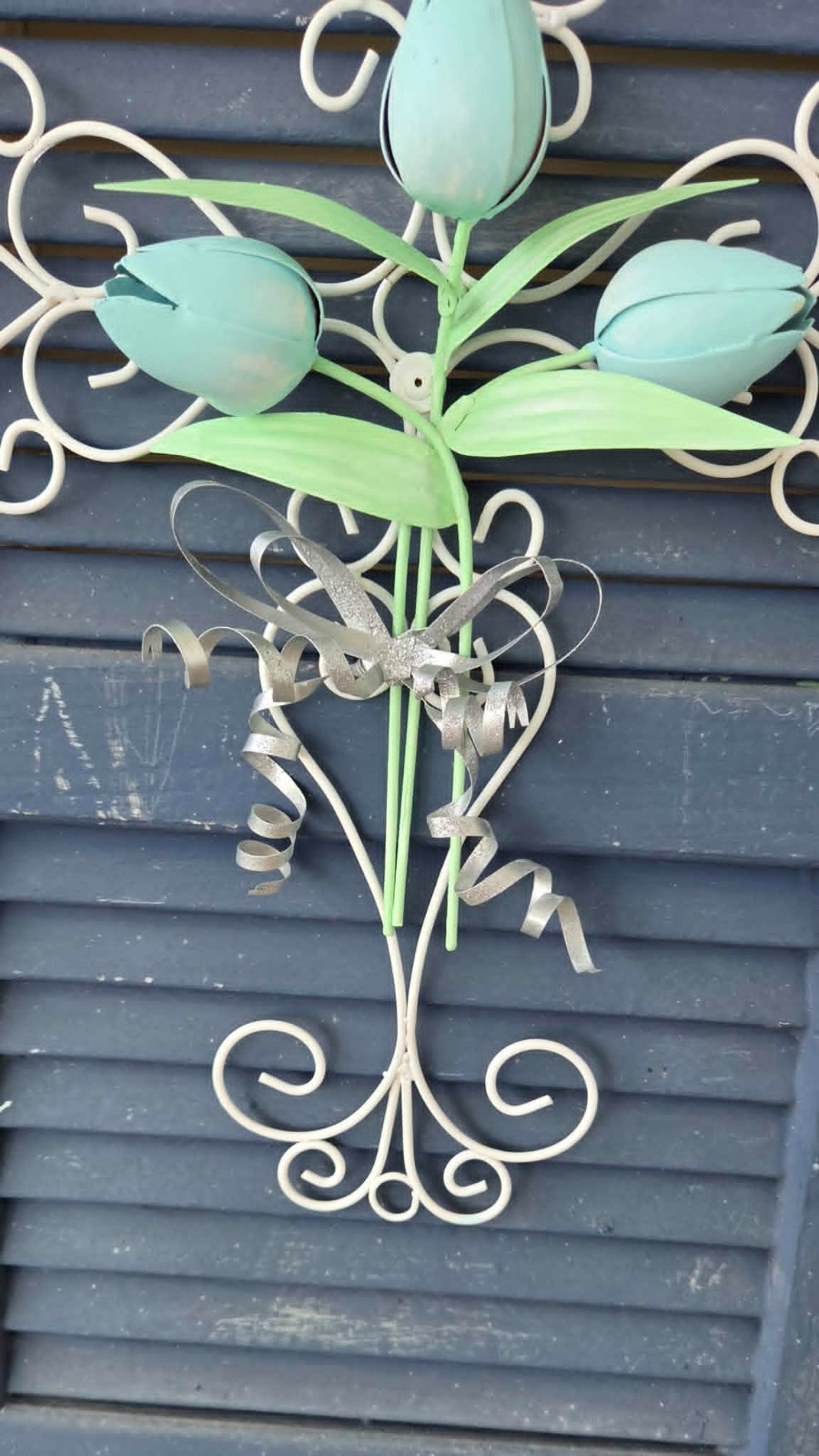 VTG Metal Art Curled Wire Cross w/Blue Tulips & Silver Bows Wall or Door Decor