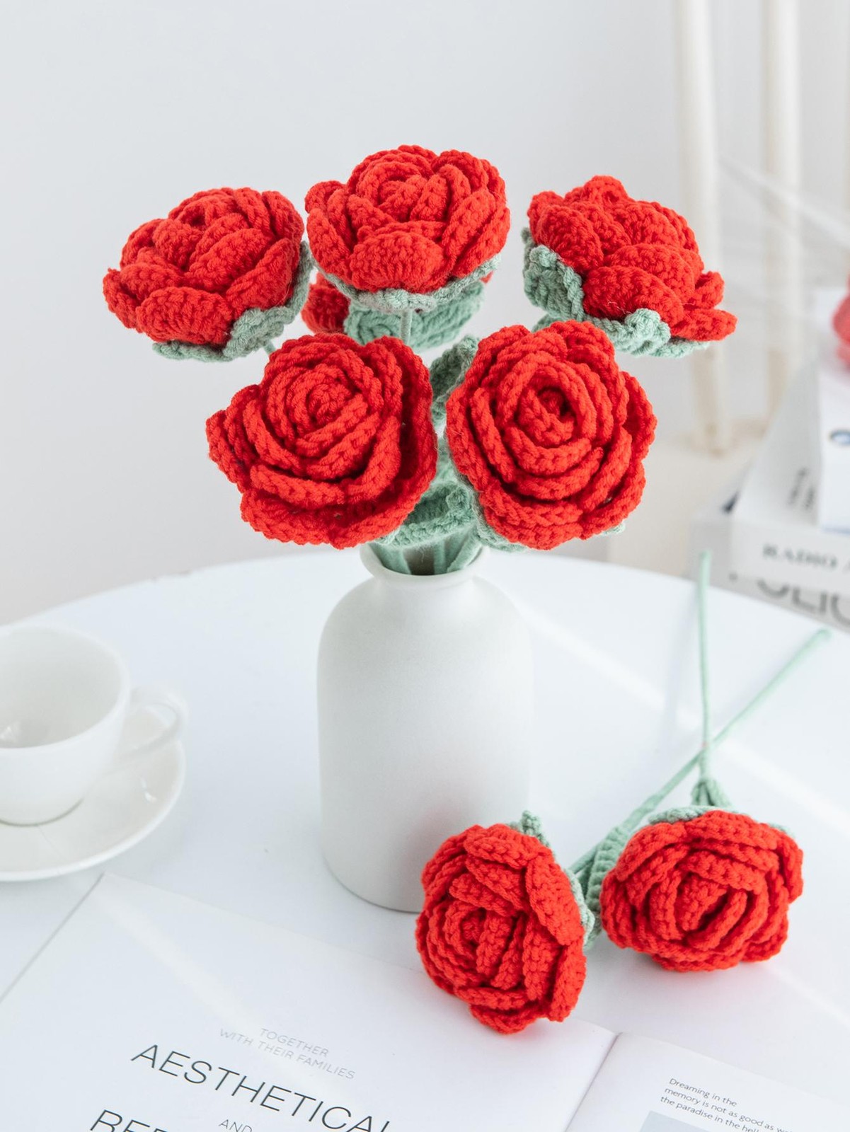 1/5pcs Artificial Handmade Crochet Rose Finish Product Outdoor Garden Arch Weddi