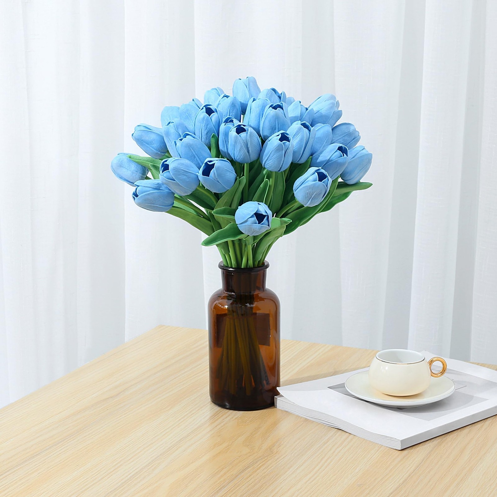 15pcs Blue Tulips Fake Artificial Flowers Real Touch 14″ PU Flower for Home D…