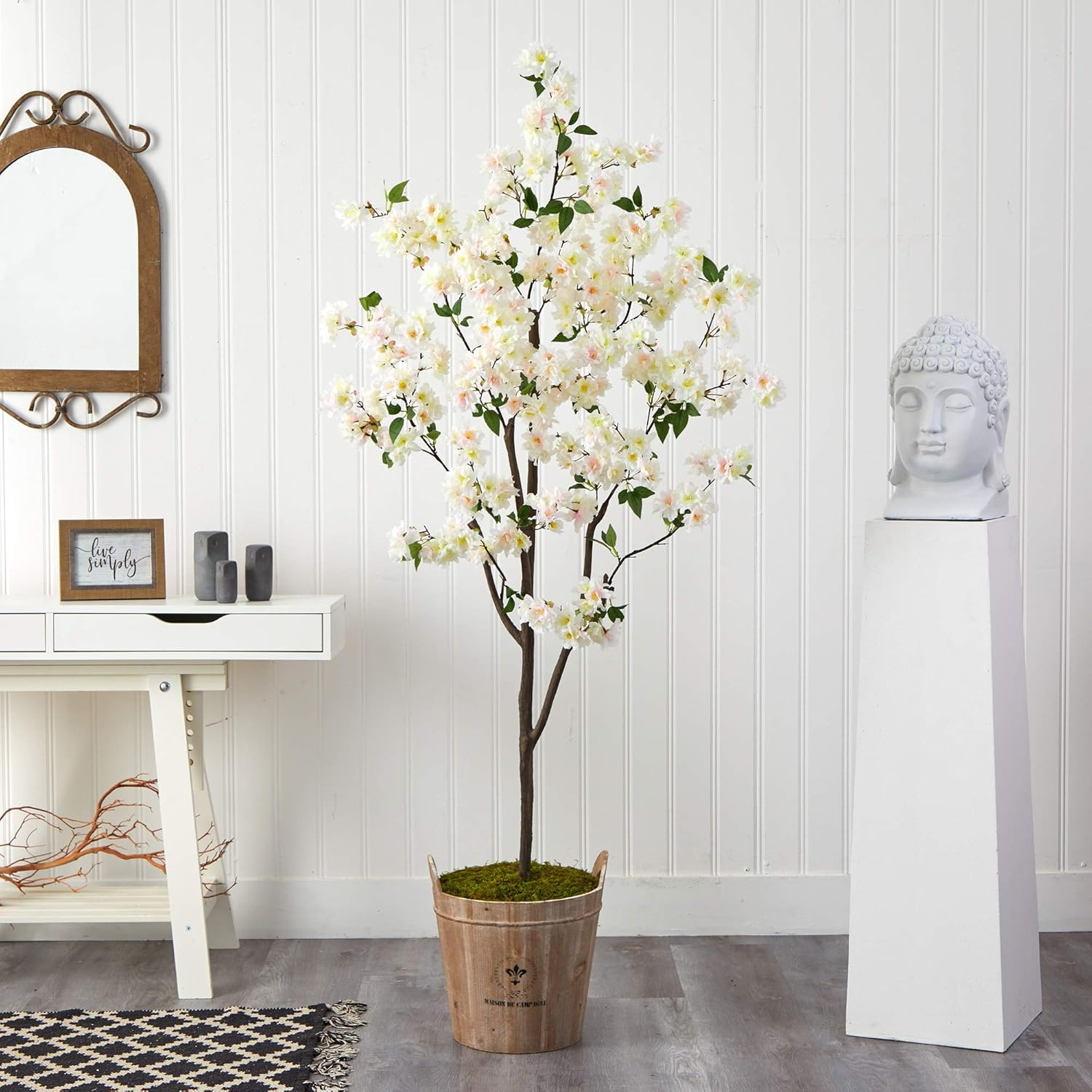 6Ft Cherry Blossom Artificial Tree with Rustic Farmhouse Planter