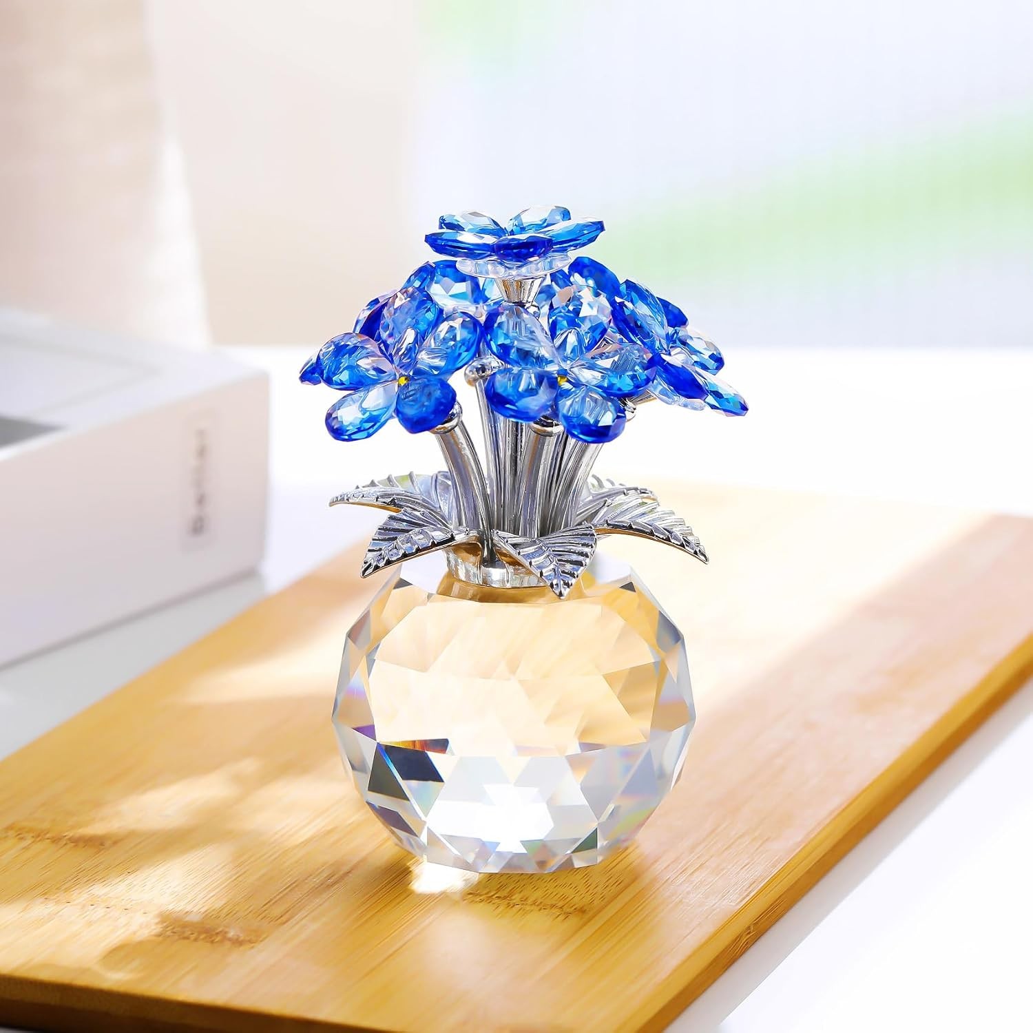 Blue Crystal Forget Me Not Handmade Glass Flower Bouquet Gift Centerpiece