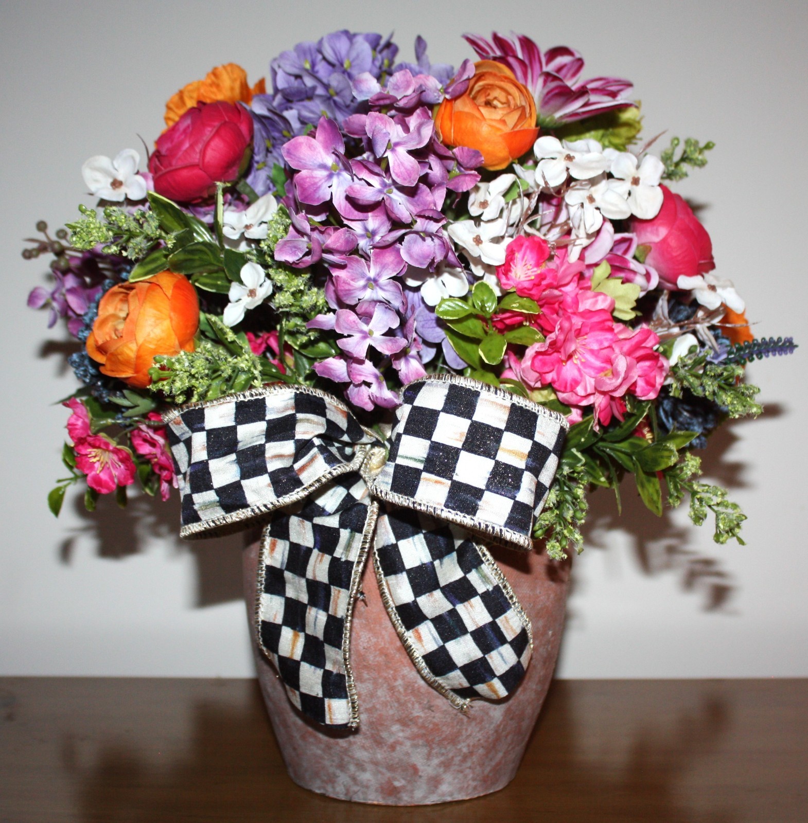 Faux Floral Arrangement In Mossed Terracotta Planter With Mackenzie Childs Bow!