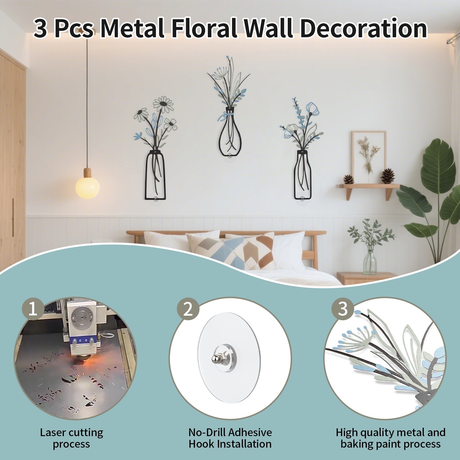 3 Pieces Metal Flowers Wall Arts – Rustic Decor Minimalist Flower Wall Decors