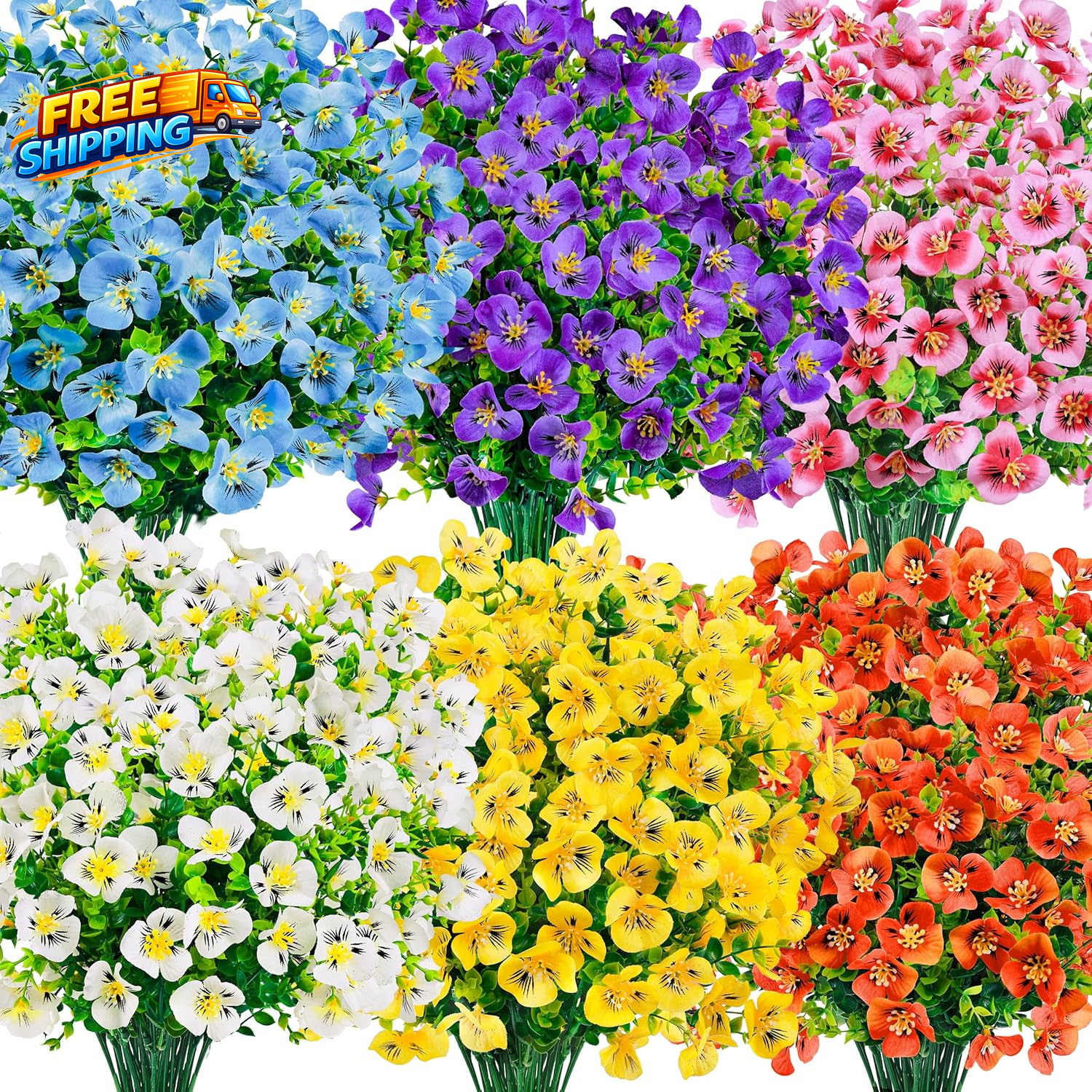 24 Bundles Artificial Pansy Flowers for Outdoors UV Resistant 6 Assorted Colors