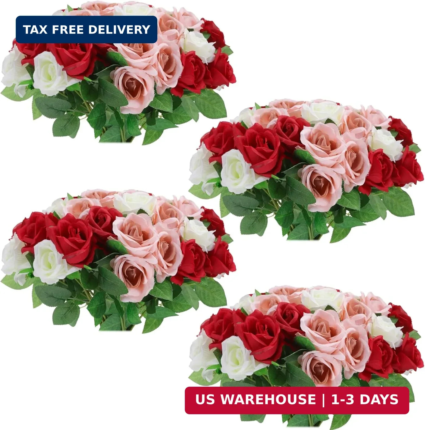 36 Pcs Red White Pink Artificial Roses with Long Stems, Fake Silk Rose Artificia