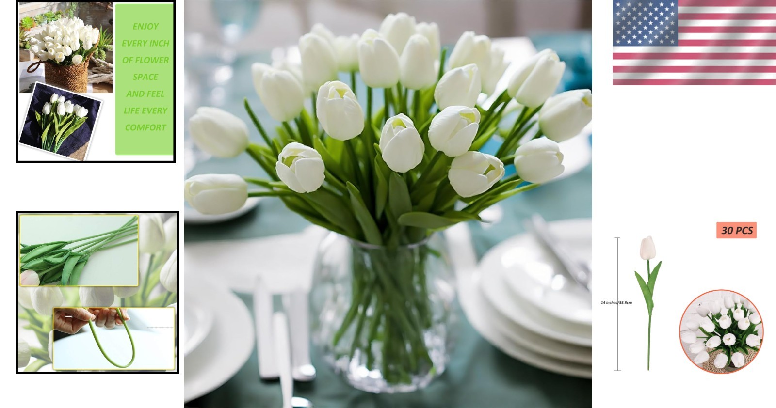 Fake Tulips Flowers for Wedding Party Decor, 30pcs White