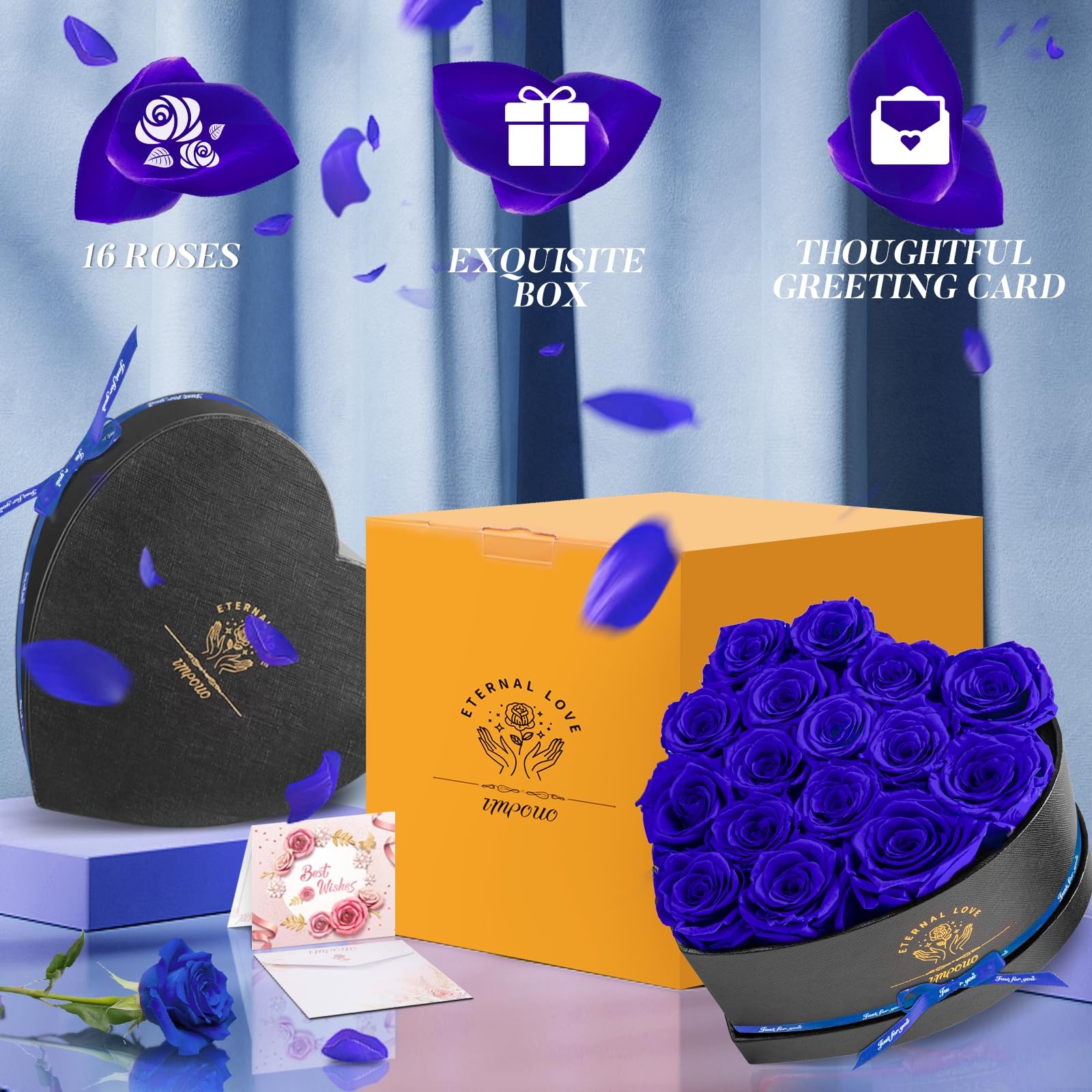 16 PCS Preserved Flower Delivery Roses Box Birthday Gifts Women Blue Roses Set
