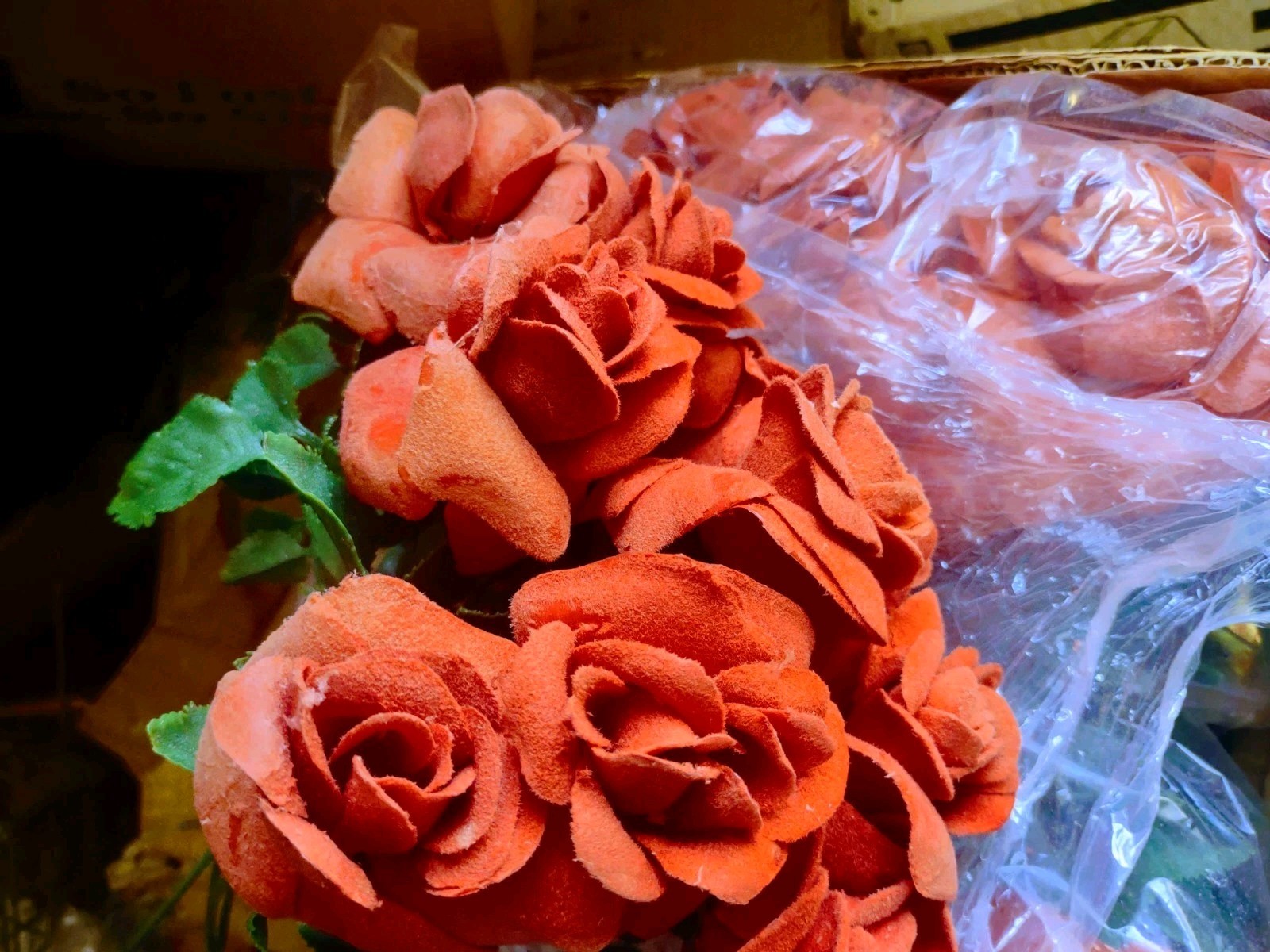 1 Dozen Vintage 1960s Plastic Roses, 12″ Velvet Flocked, Clay Brick Red 12 Stems