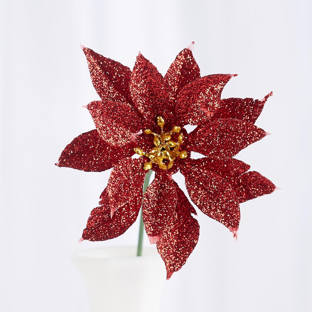 Bulk Package of 24 Artificial Red Glitter Poinsettia 6″ Picks