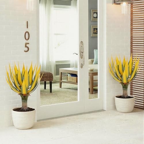Artificial Green Edged Gold Leaf Spiny Agave Plant with3 Leaves Faux 19.68in 2