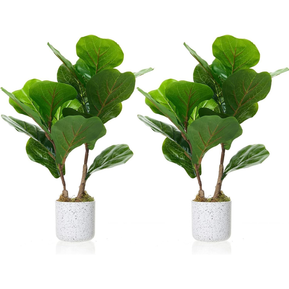 2 Pack Faux Fiddle Leaf Tree 15.7in White Marble Pot Cement Base Home Office