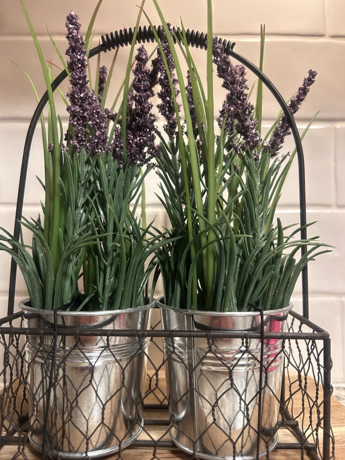 Faux Lavender & Greenery Arrangement, 2 Metal Pots in Black Wire Basket