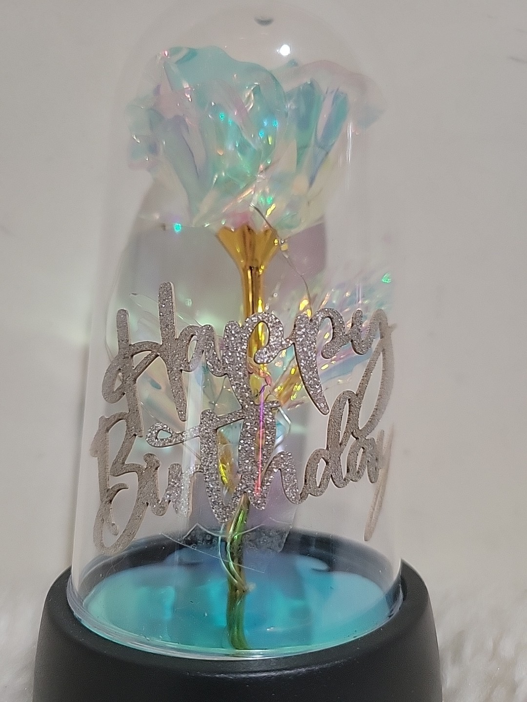 New With Box – Cryst Rose with LED Light In Dome Cover – Happy Birthday – White