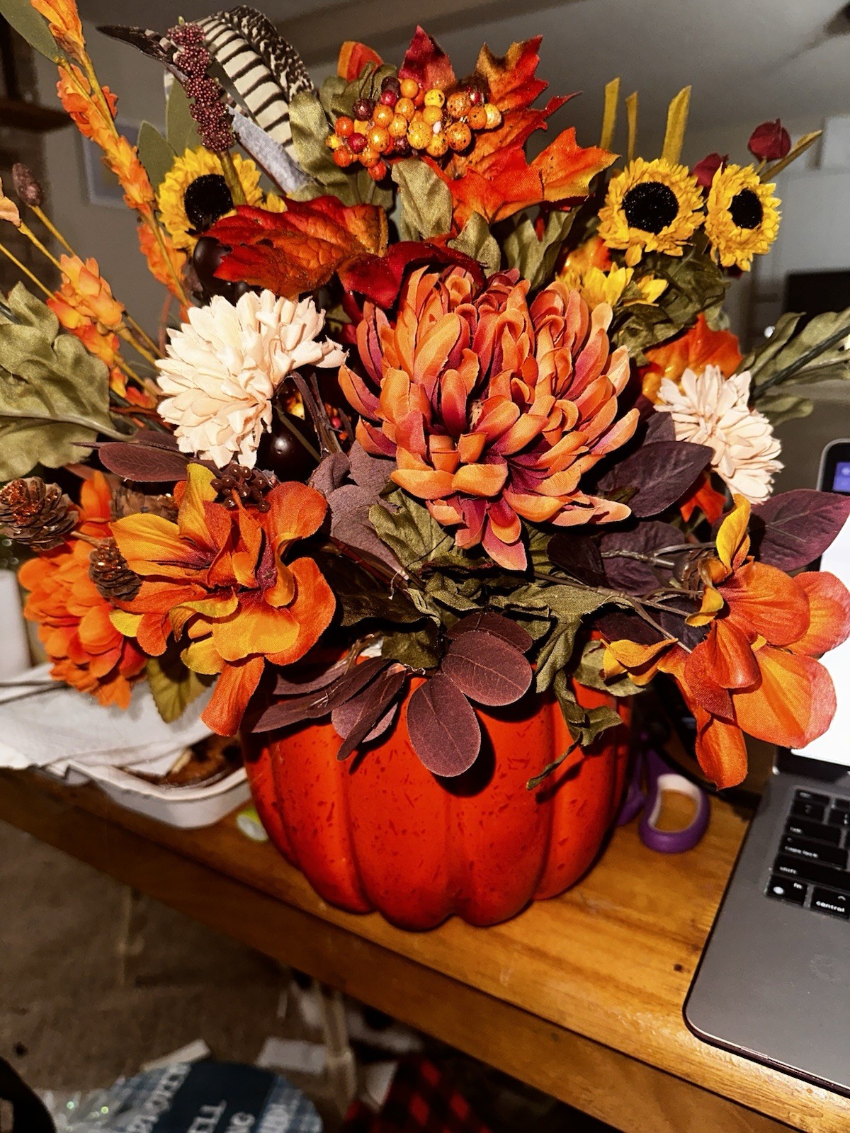 Fall Artificial Sunflower Floral Arrangement & Centerpiece in Orange Pumpkin