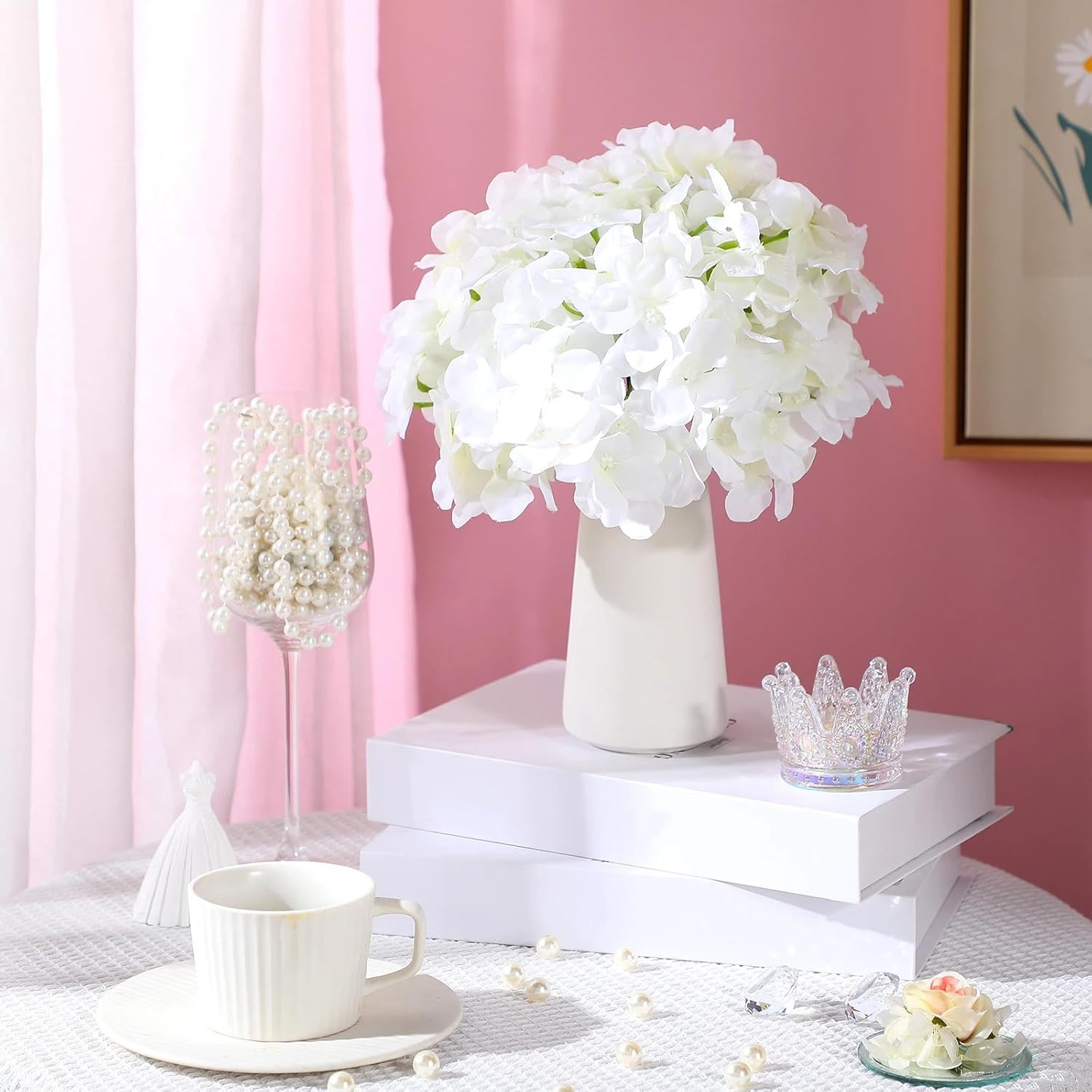 200 Pcs Artificial Hydrangea Flowers Bulk, White Silk Hydrangea Heads with Stems