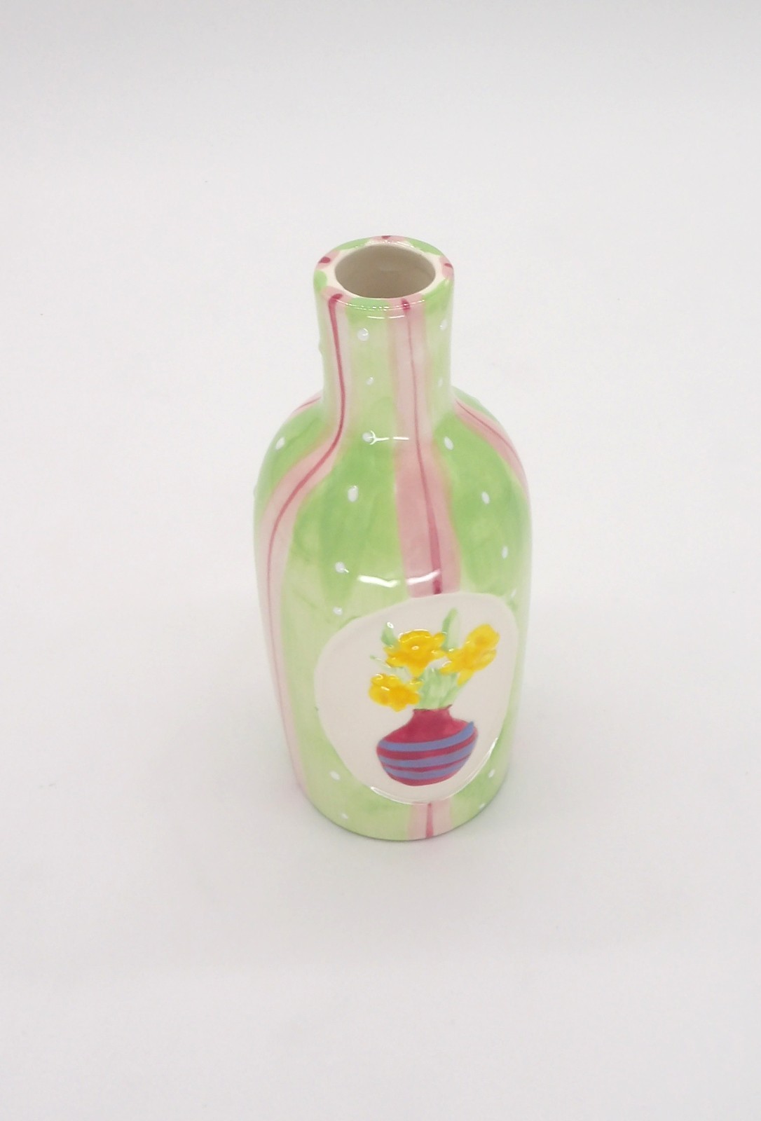 Green and Pink Striped Bud Vase with Daffodils 7″ Spring Decor