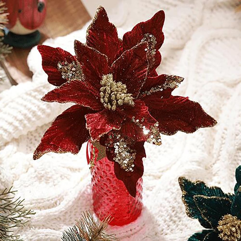 6 PCS Christmas Poinsettia Artificial Flowers Shining Glitter Burgundy