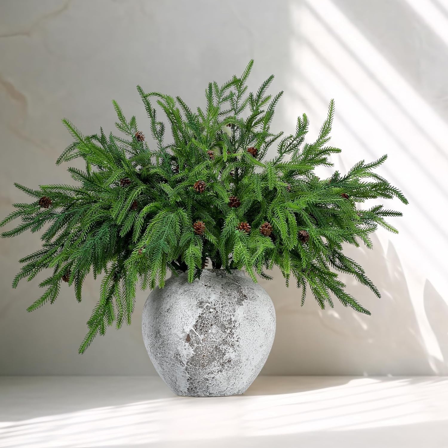 Set of 10 Realistic Norfolk Pine Branches with Cones for Elegant Holiday Styling