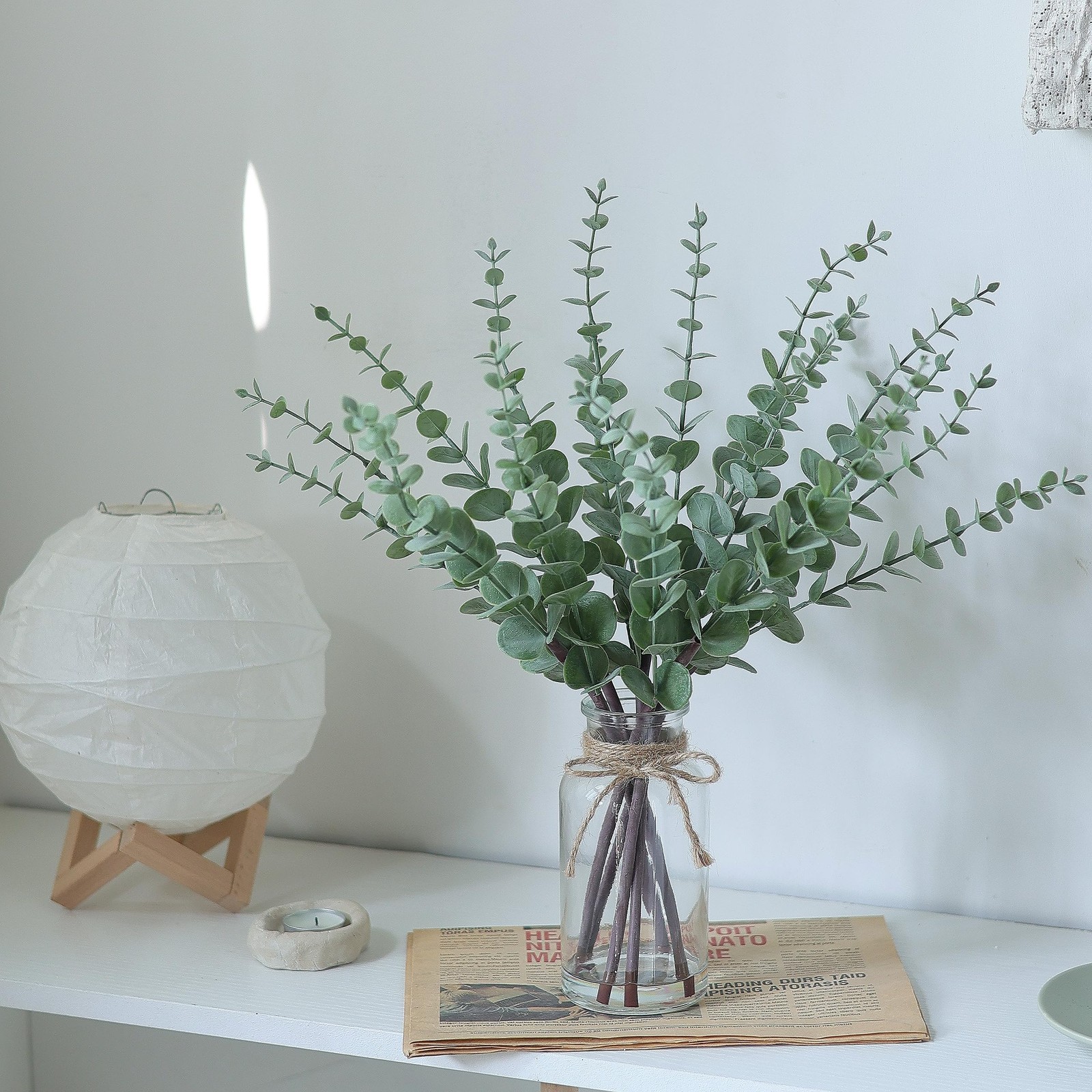 17.5″ Artificial Eucalyptus Stems in Glass Vase with Faux Water(Sage Green)