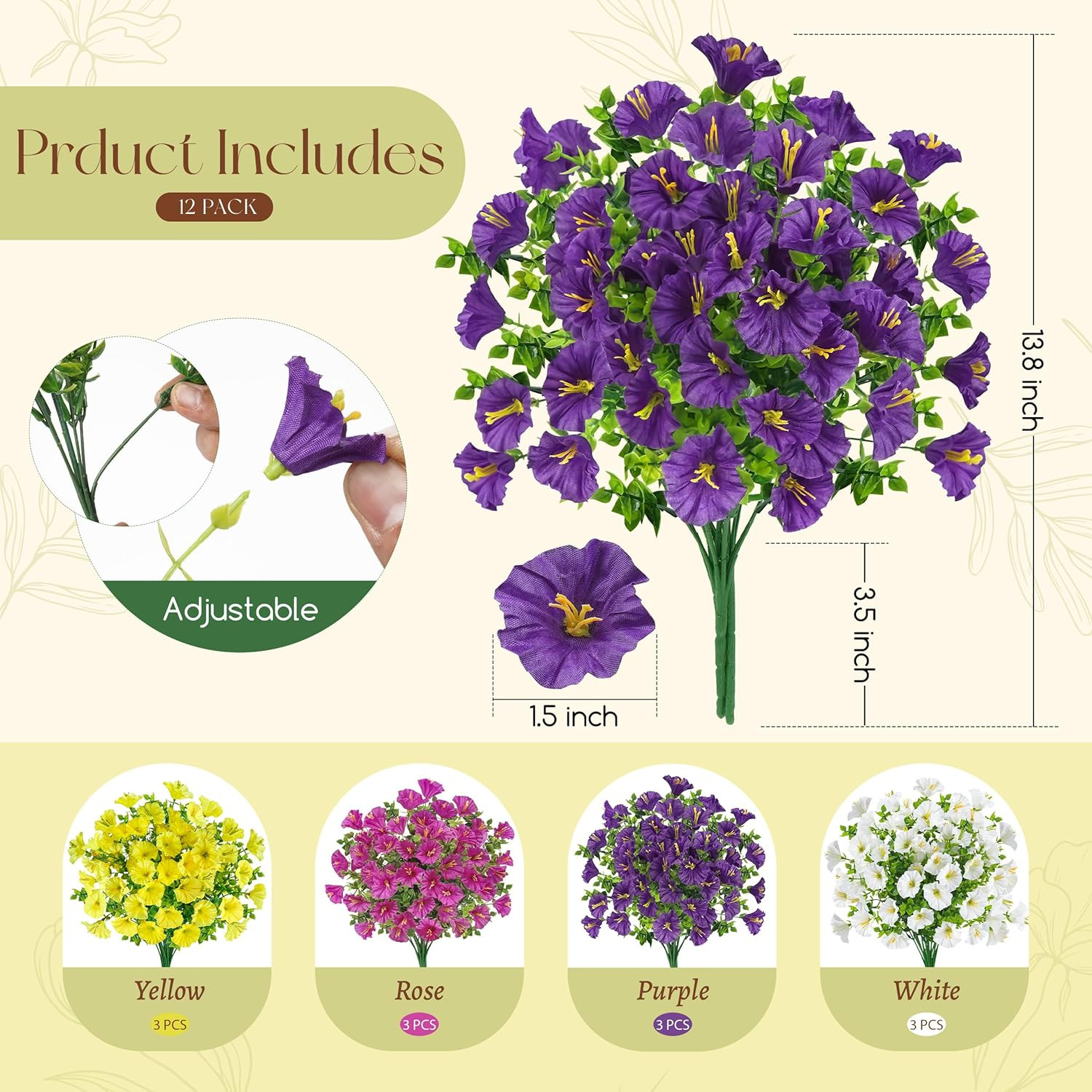 12 Bundles Artificial Petunias Flowers for Outdoors UV Resistant Fake Morning Gl