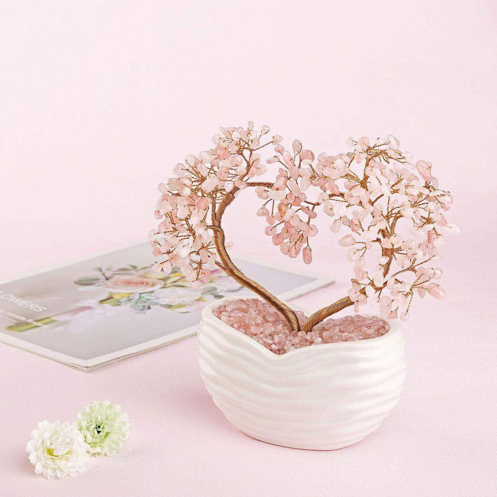 8 Ft. Artificial Rose Quartz Crystal Heart Bonsai Tree in White Ceramic Containe