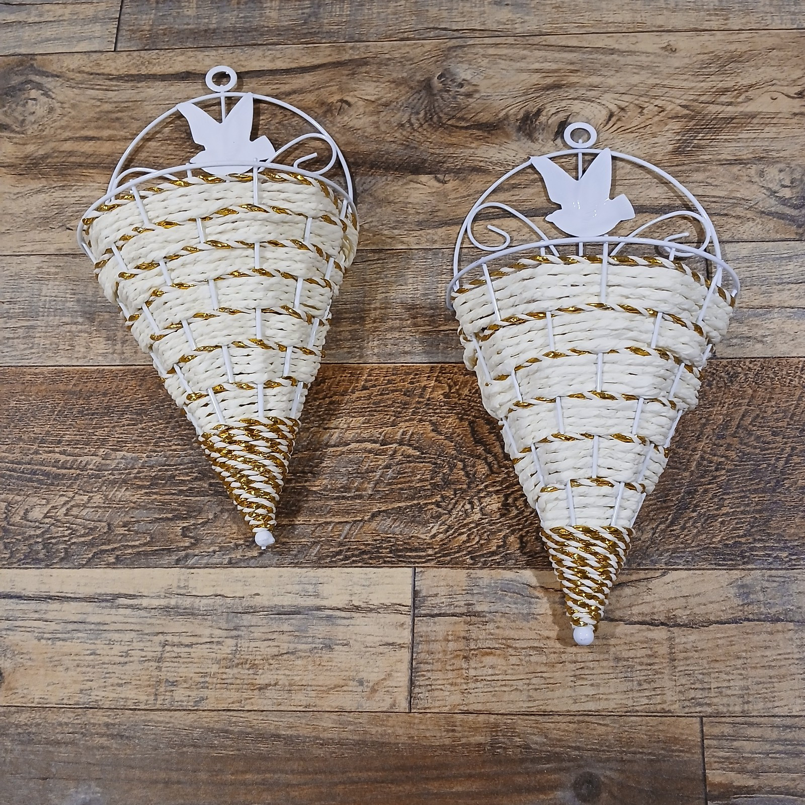 Set of 2 Wall Hanging Cone/Basket. Display Flowers. Cream & Gold