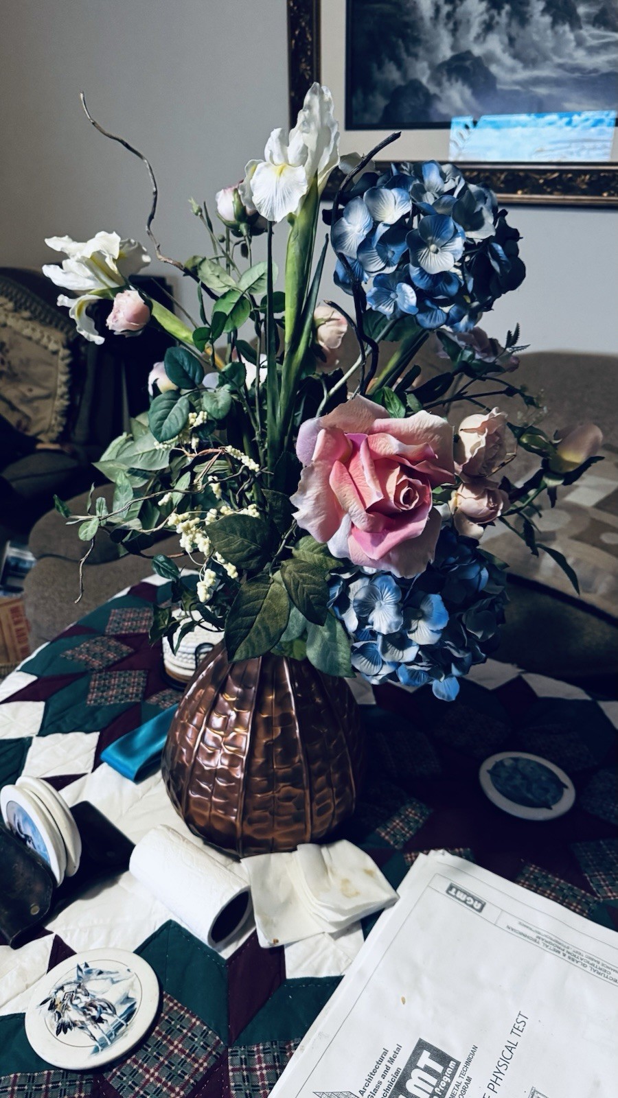 Multicolor Artificial Silk Rose Hydrangea Iris Arrangement in Copper Vase