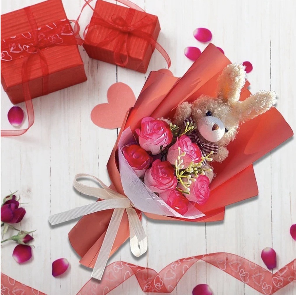 Bunny Bouquet,Stuffed Animal with Artificial Rose Flower Bouquet- Peach NEW