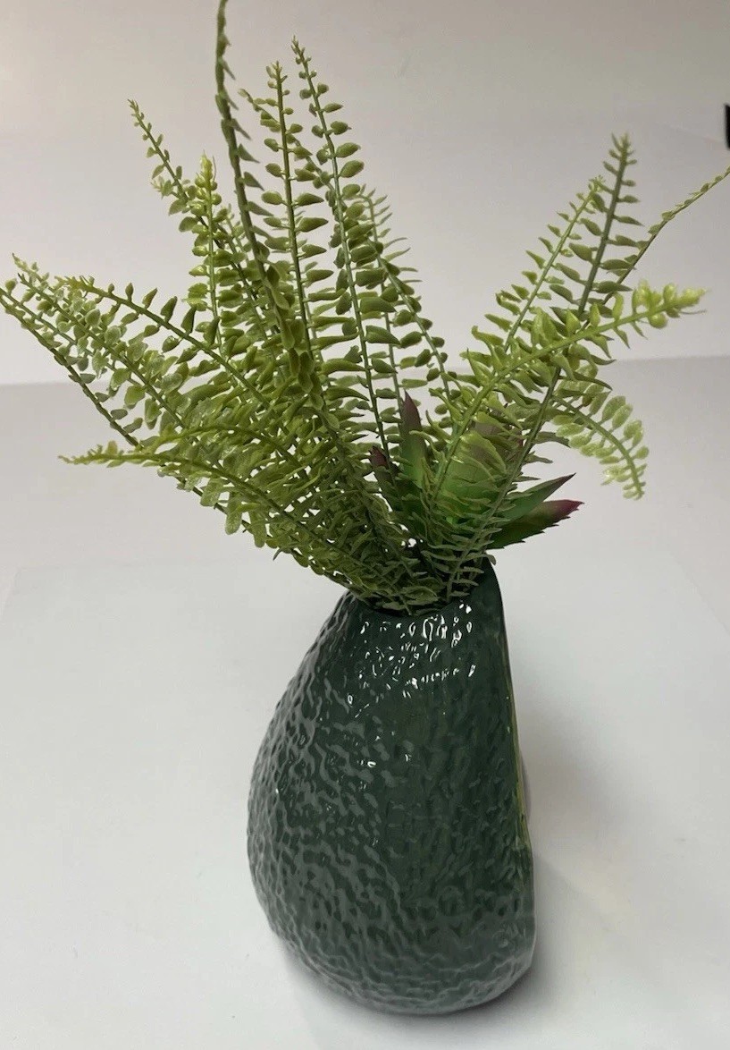 New Ceramic 13”H Ashland Avacado Fruit Shaped Vase With Floral /Fern Arrangement