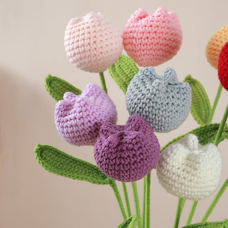6 pcs Crochet Flower Tulip Bouquet,15″ Finished Hand-Woven Bouquets, Fake Flo…