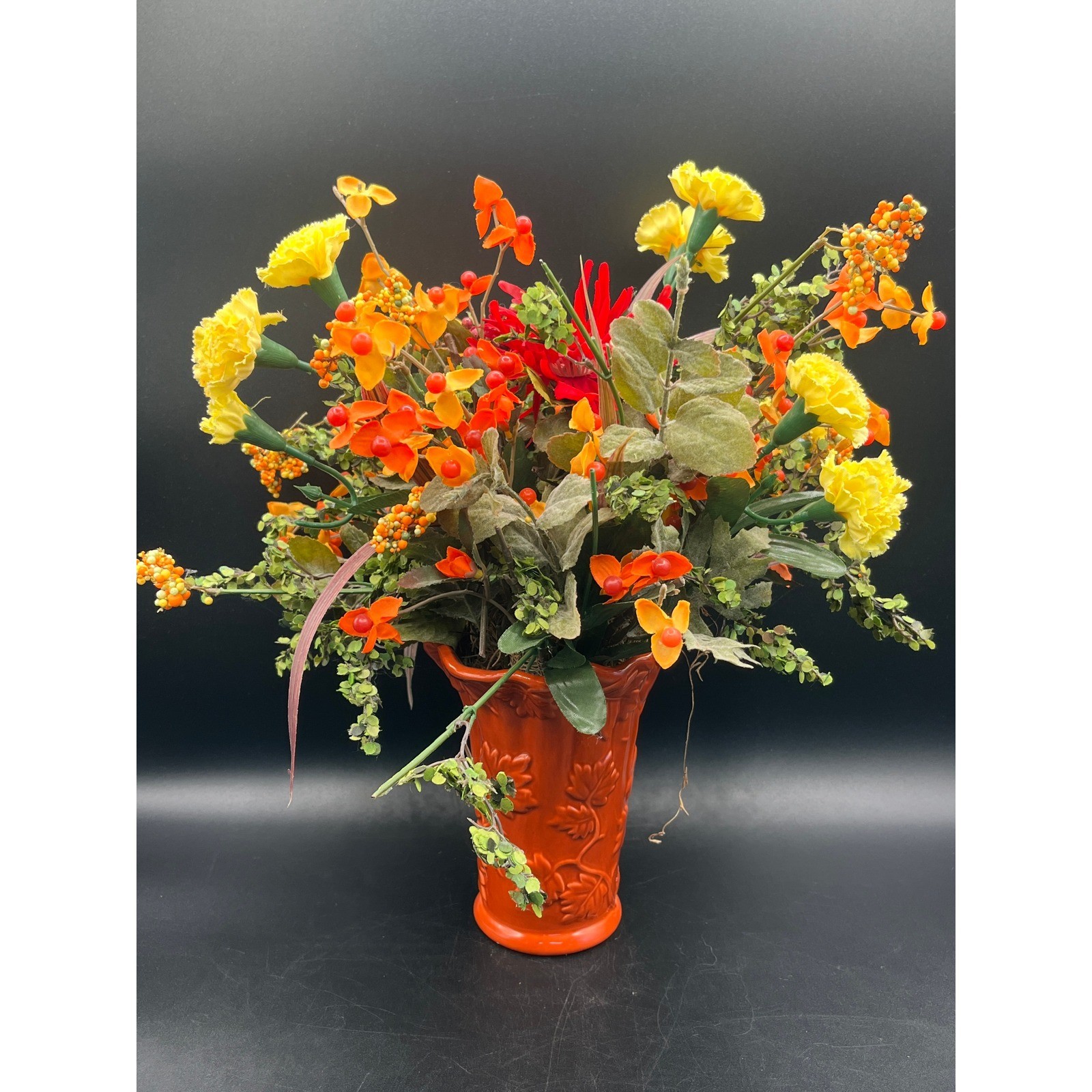 Burnt Orange Vase Faux Flower Arrangement 13″ Tall Autumn Colors Decor Fall