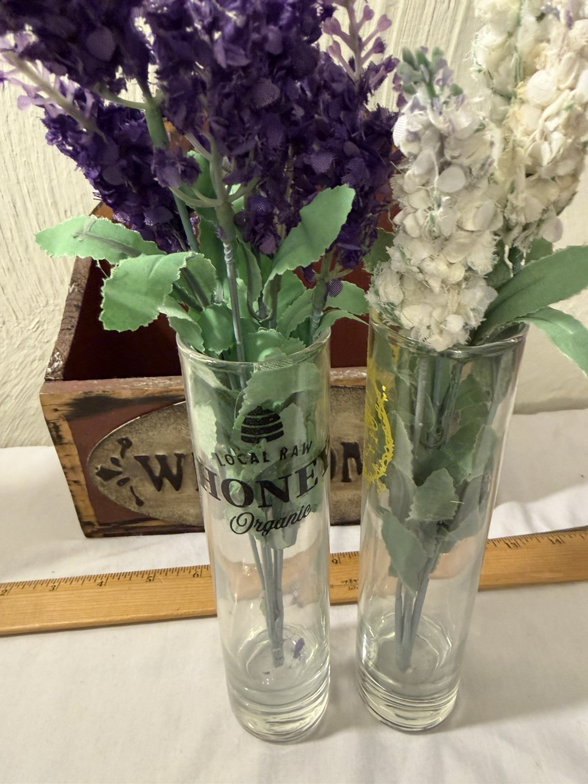 Welcome Spring Artificial Lavender Flowers Wooden Box Glass Set 3